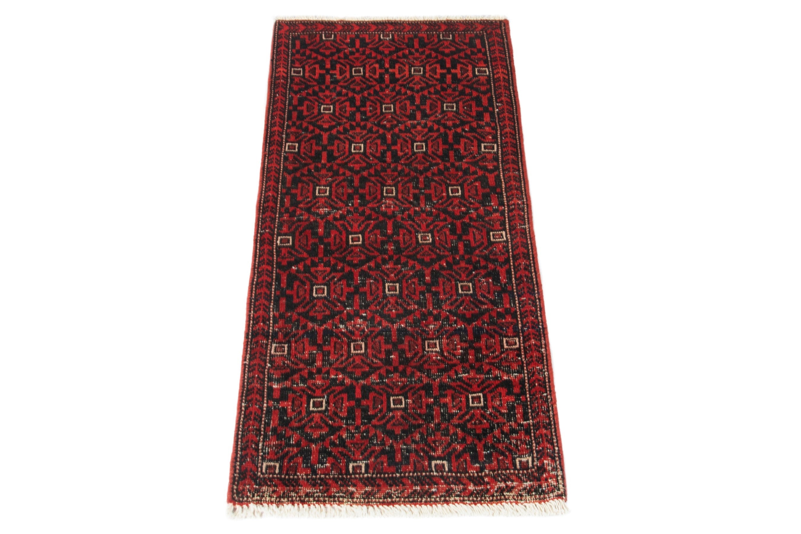 Persian Baluch accent rug in deep red and burgundy, view 2 of 16