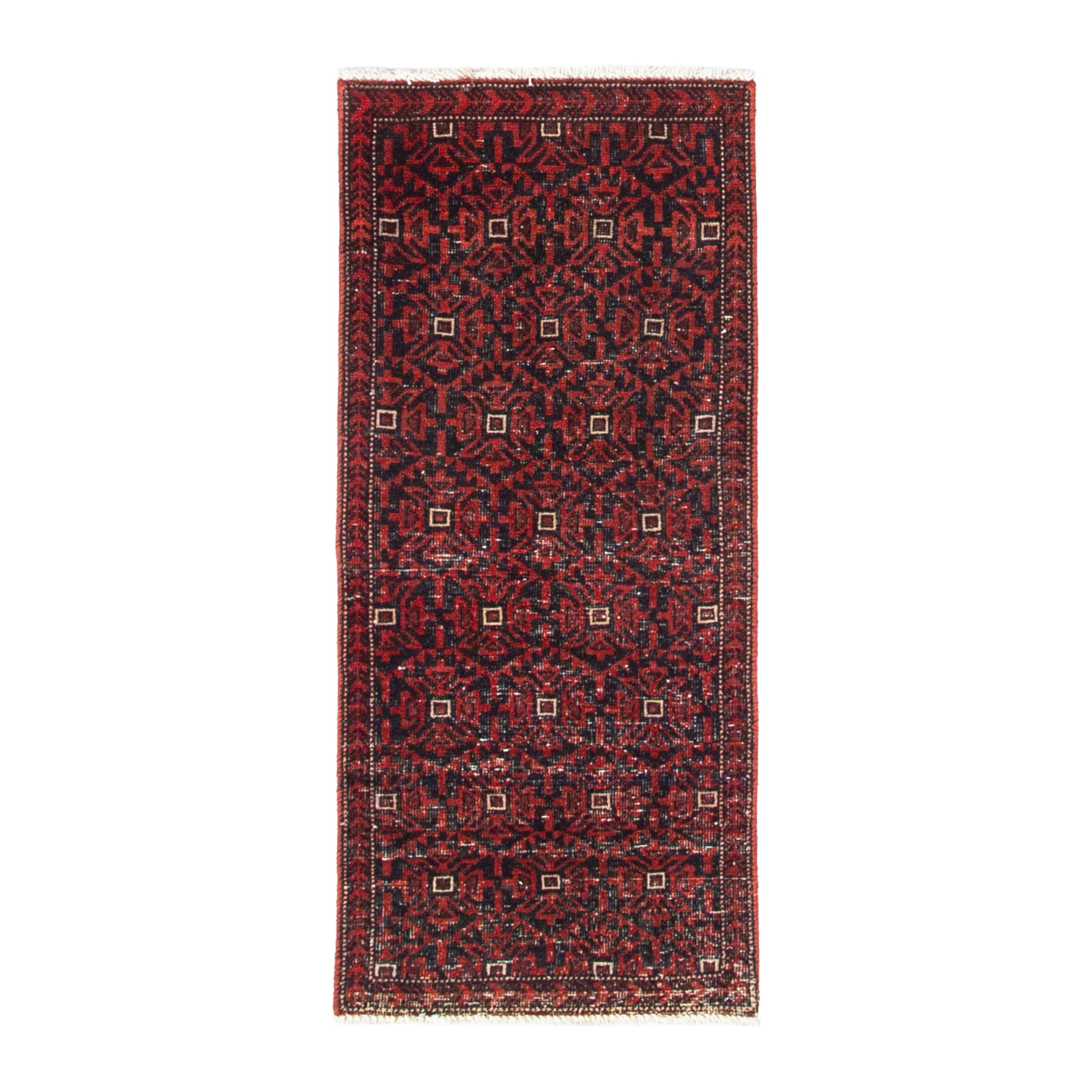 Persian Baluch accent rug in deep red and burgundy, 1'10" x 4'4"