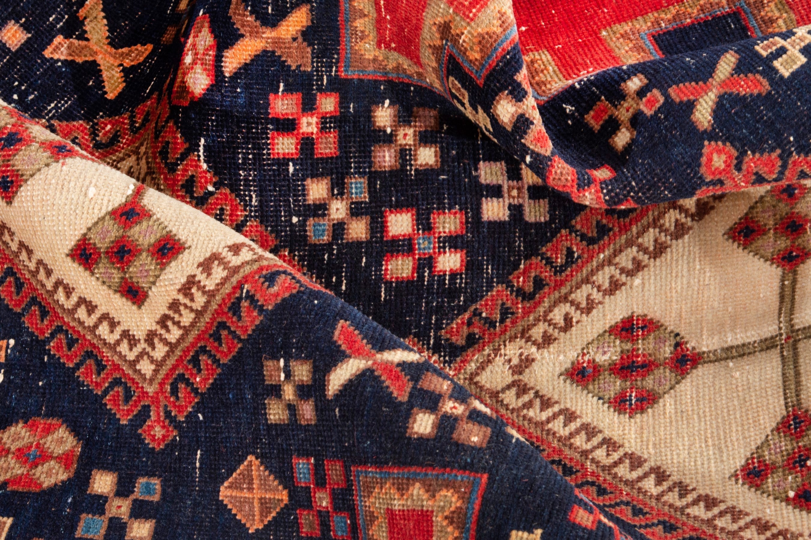 Persian Sirjan accent rug in deep red and navy, view 14 of 18
