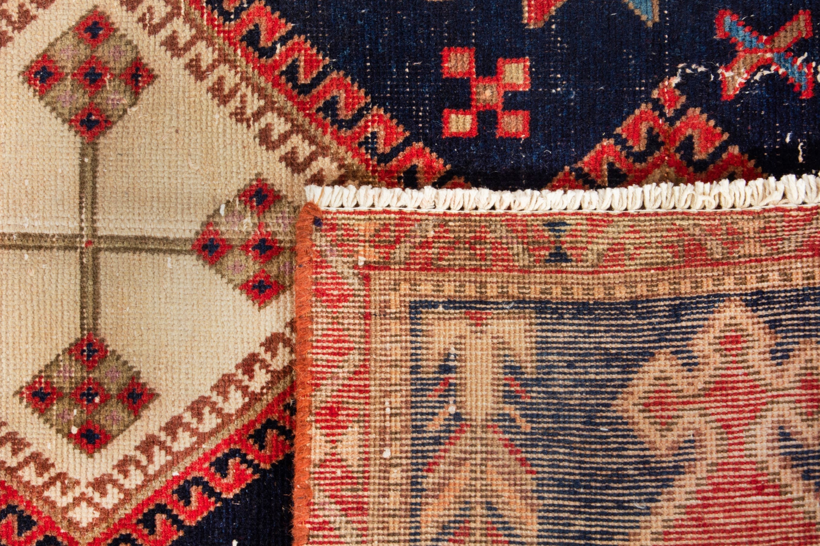 Persian Sirjan accent rug in deep red and navy, view 18 of 18