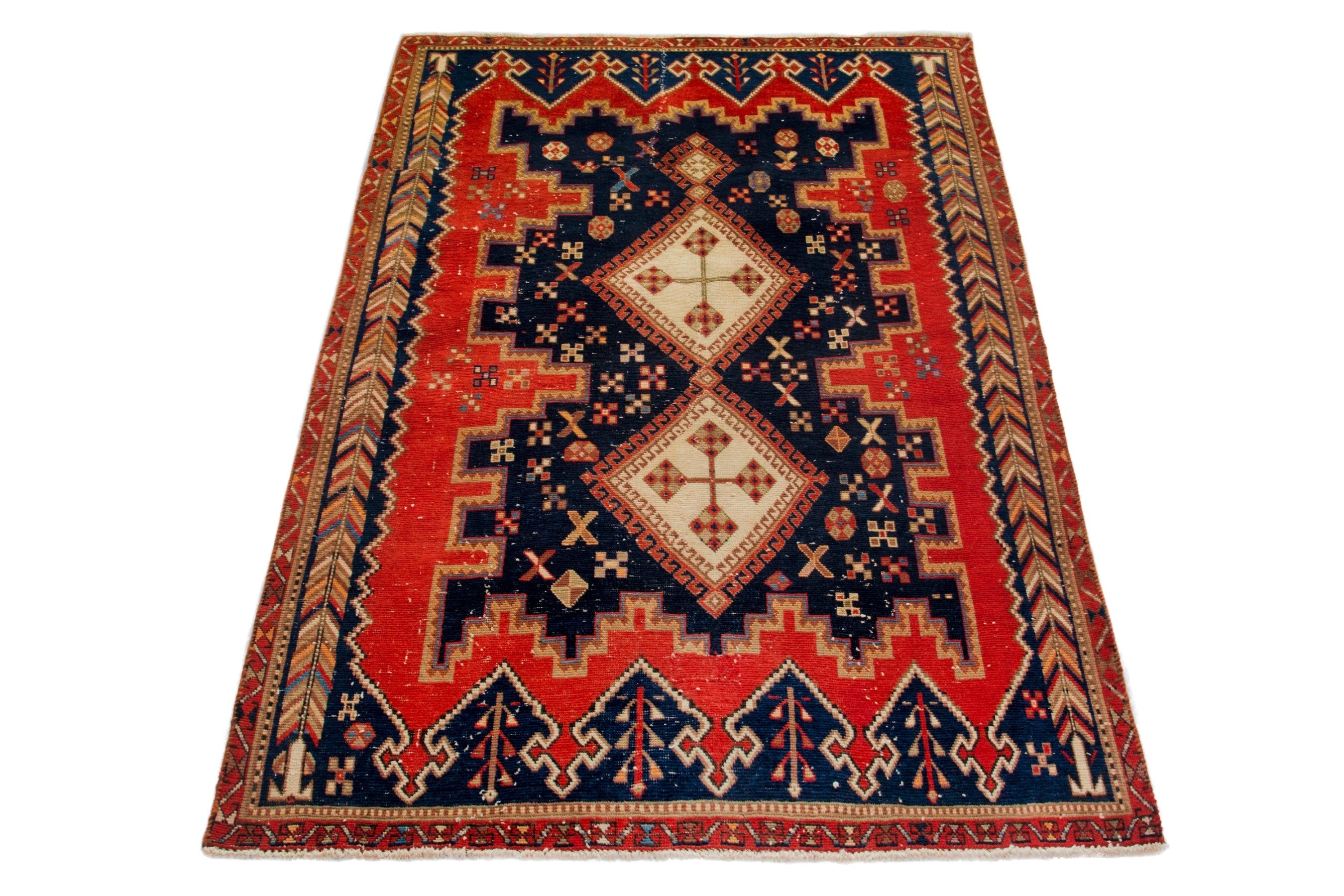 Persian Sirjan accent rug in deep red and navy, view 2 of 18
