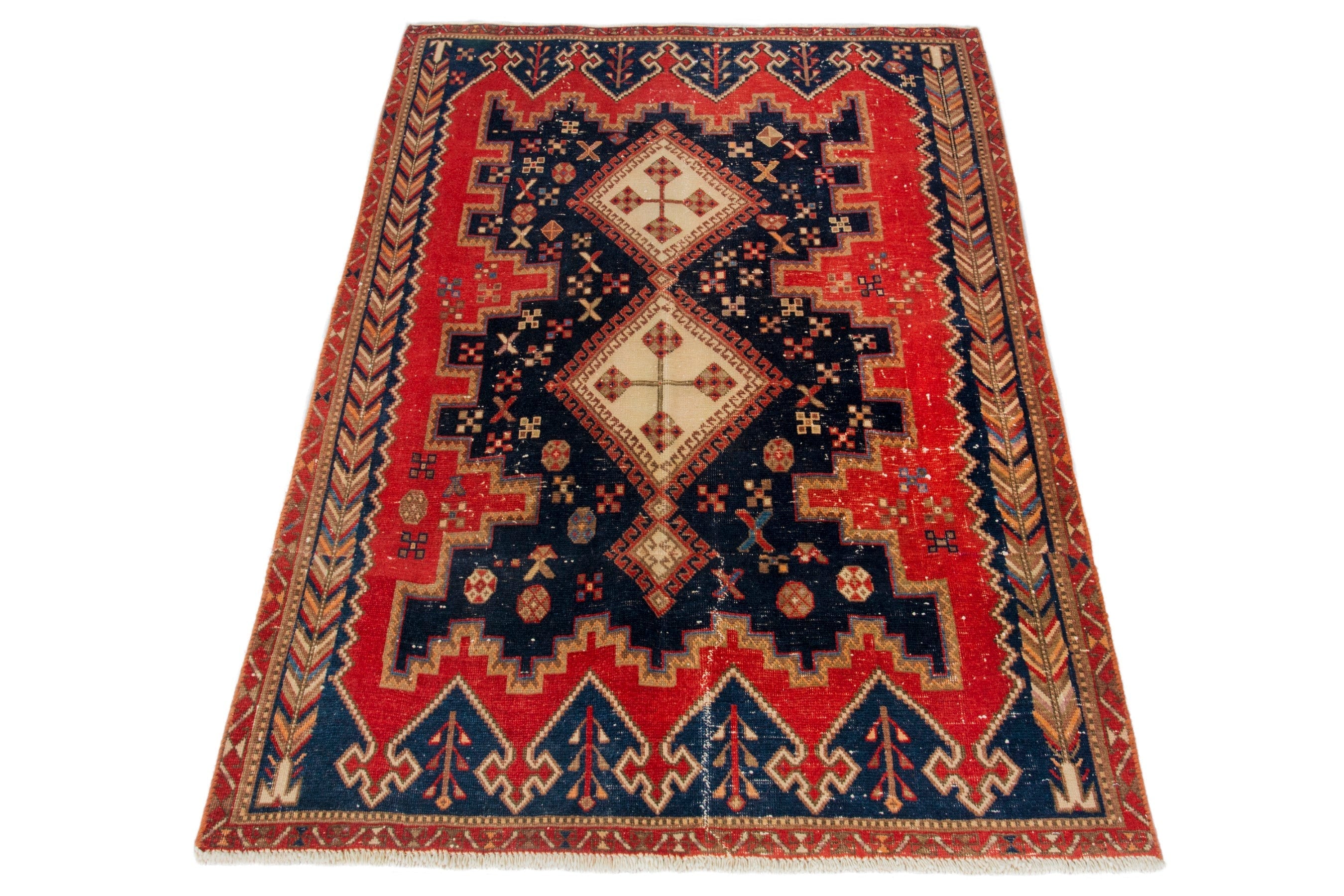 Persian Sirjan accent rug in deep red and navy, view 3 of 18