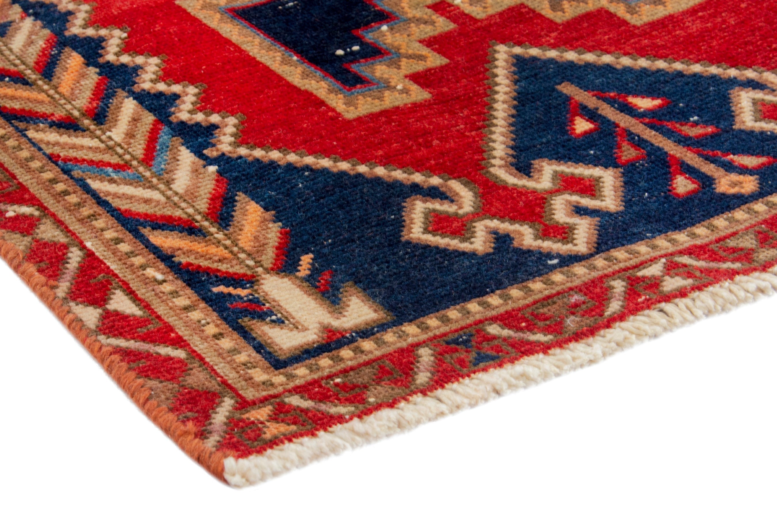 Persian Sirjan accent rug in deep red and navy, view 4 of 18