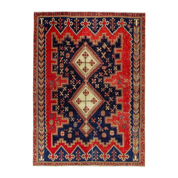 Persian Sirjan accent rug in deep red and navy, 4'4" x 5'11"