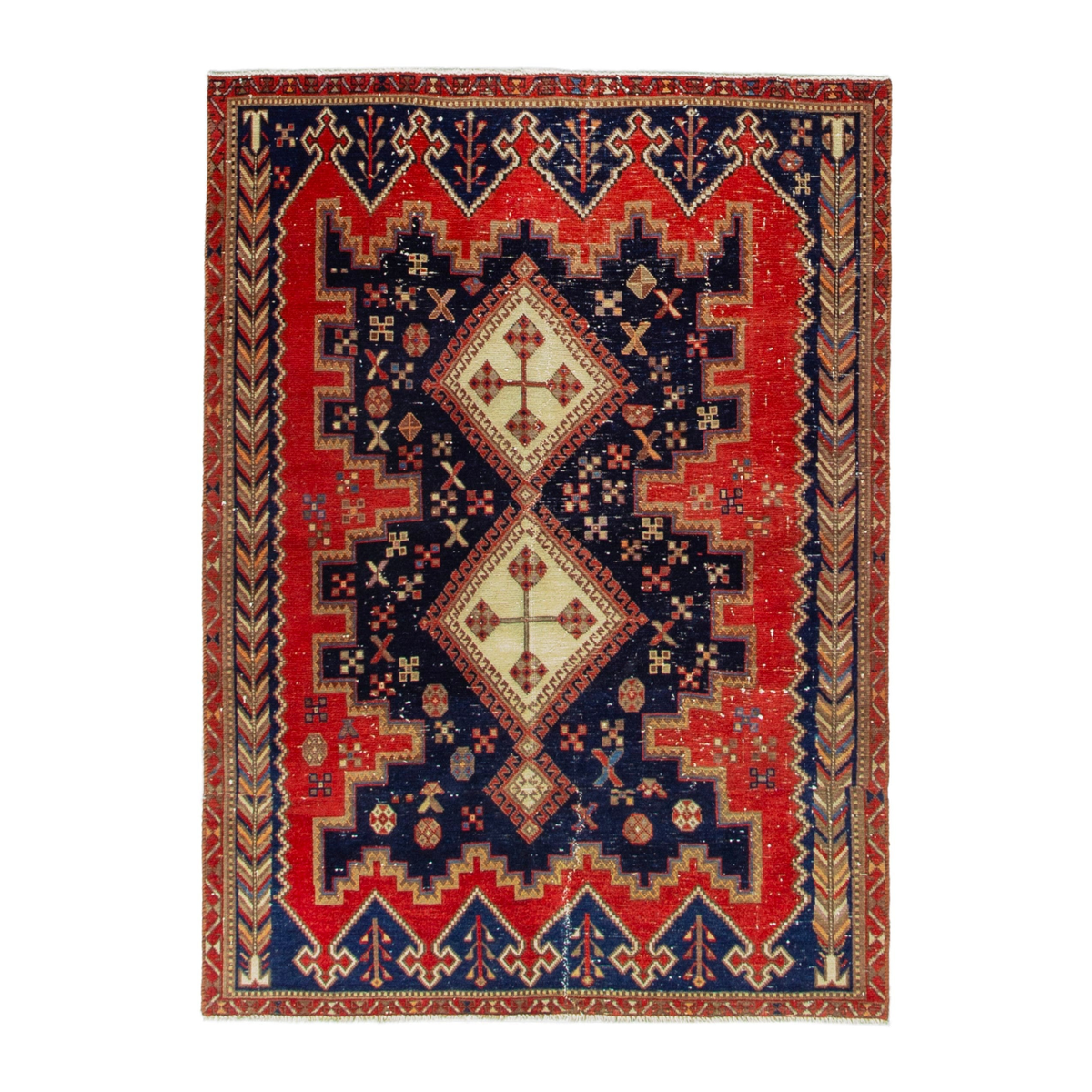 Persian Sirjan accent rug in deep red and navy, 4'4" x 5'11"