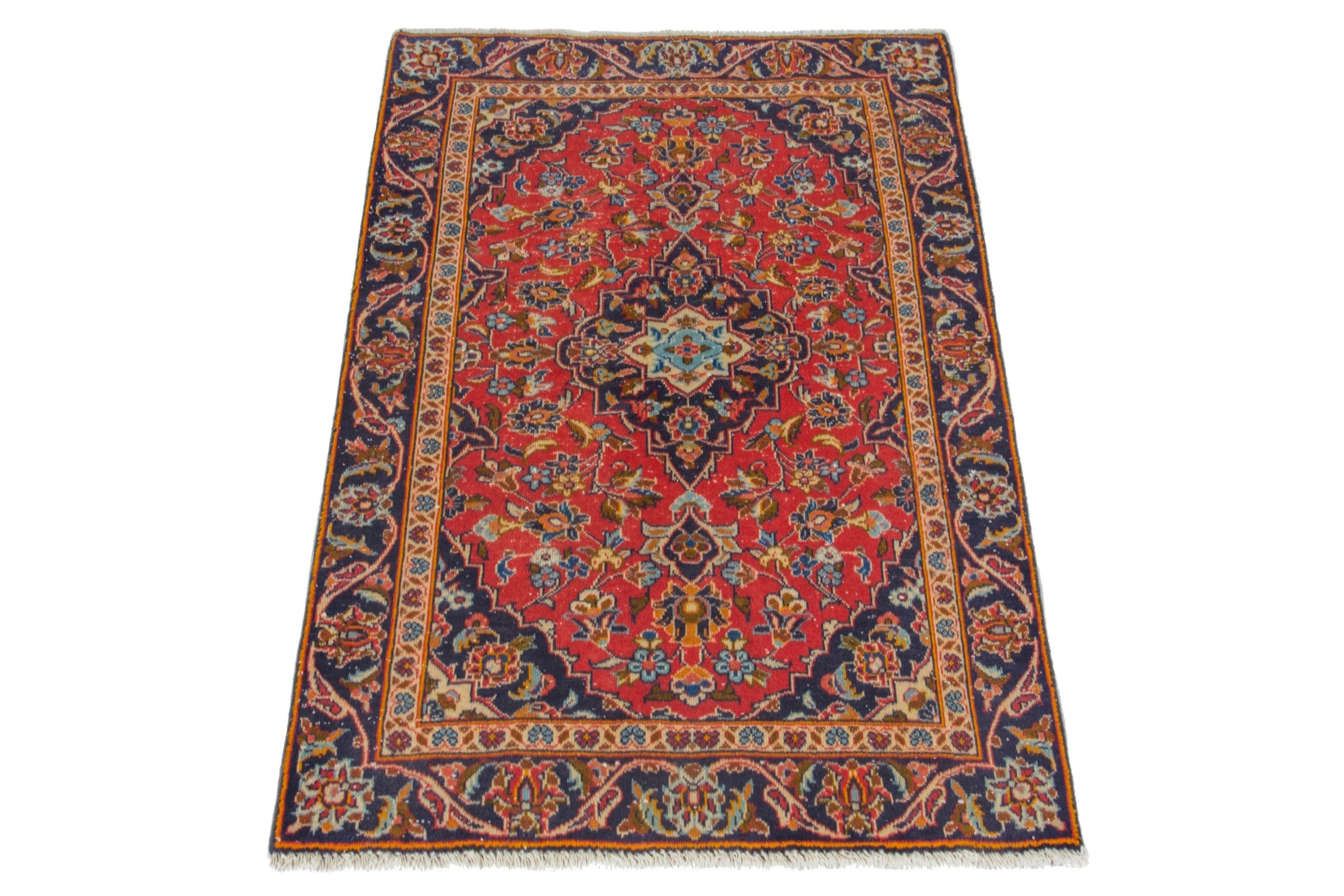 Persian Kashan accent rug in deep red and navy, view 3 of 17