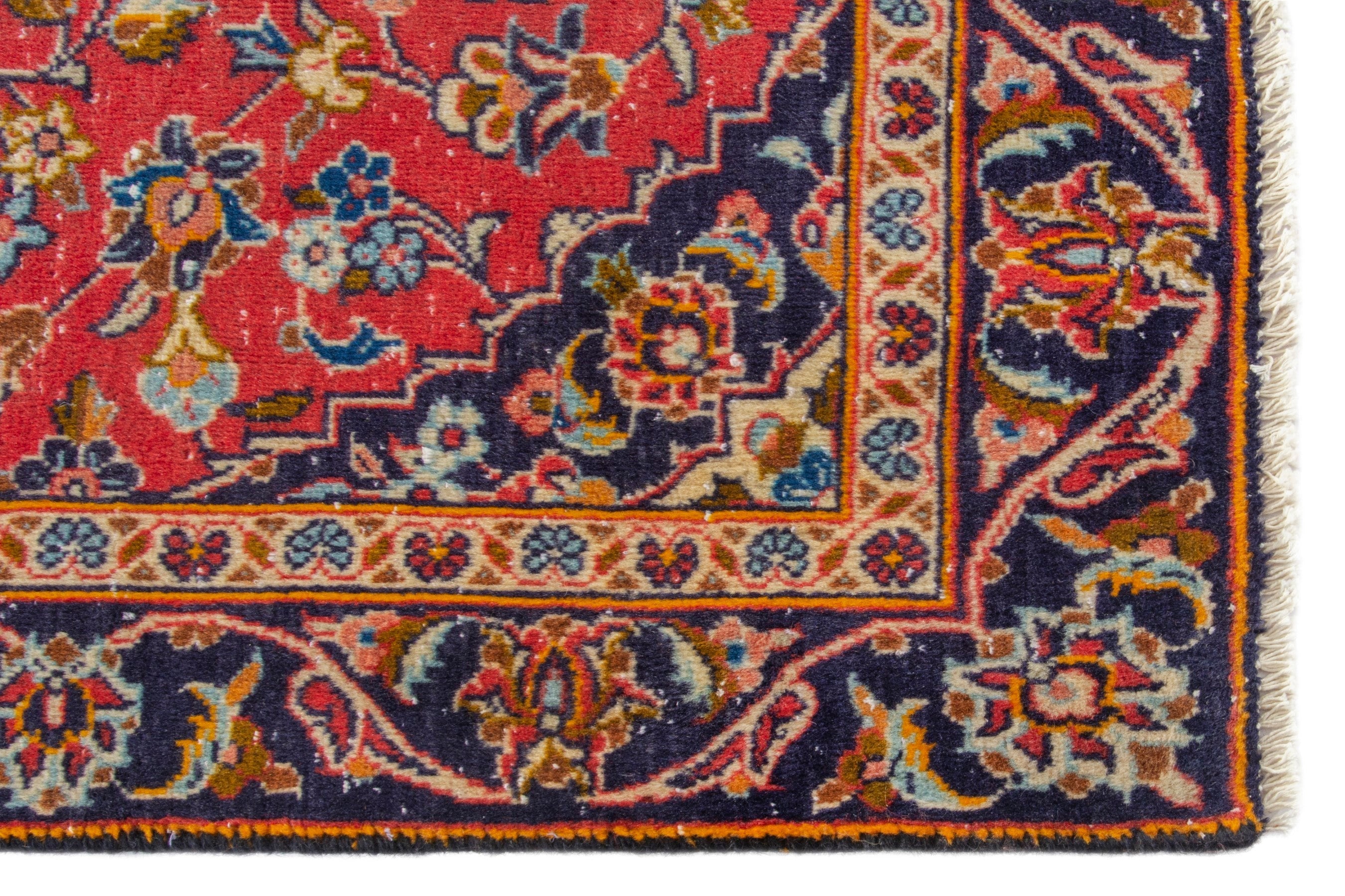 Persian Kashan accent rug in deep red and navy, view 9 of 17