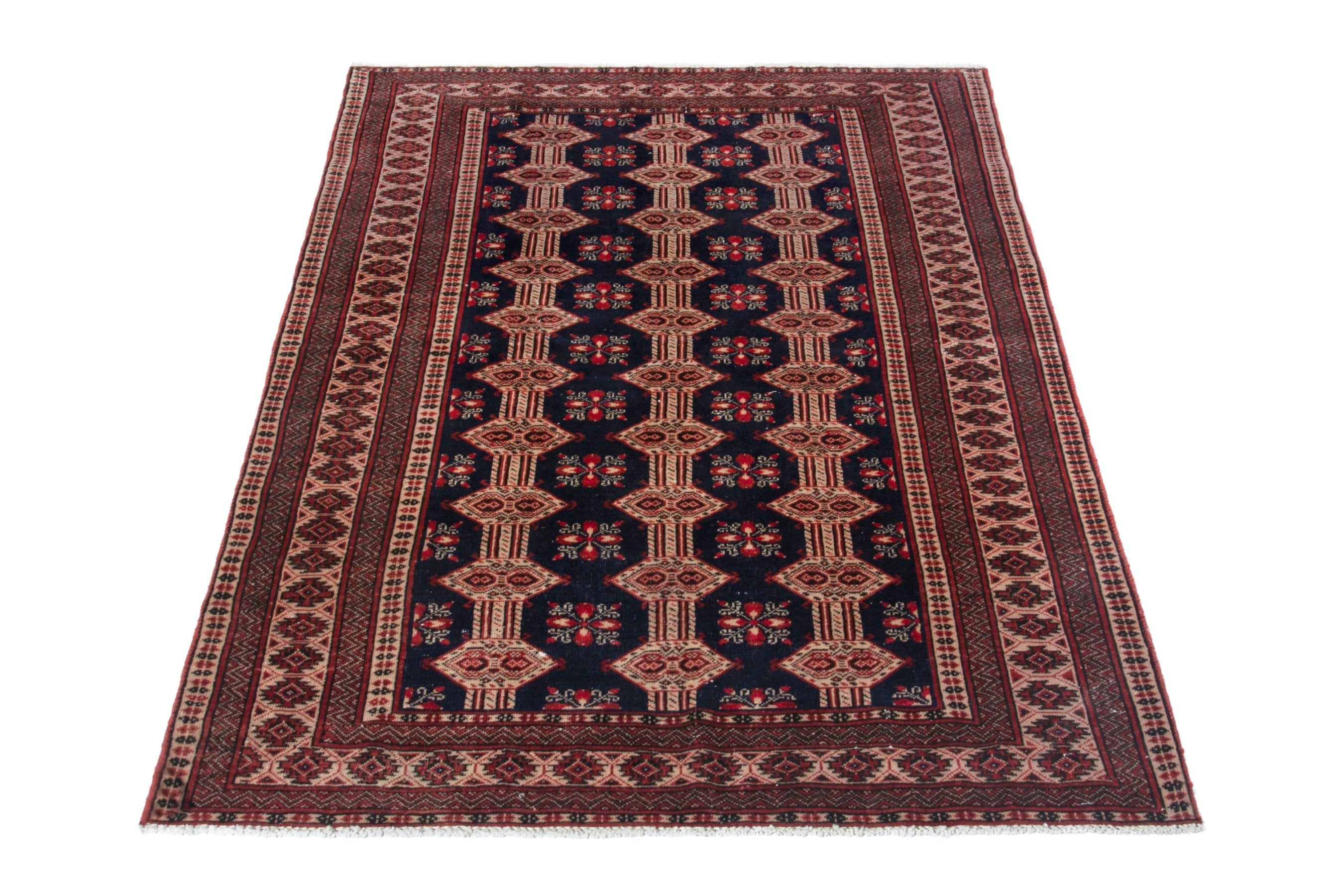 Persian Torkaman accent rug in navy and rust, view 2 of 19