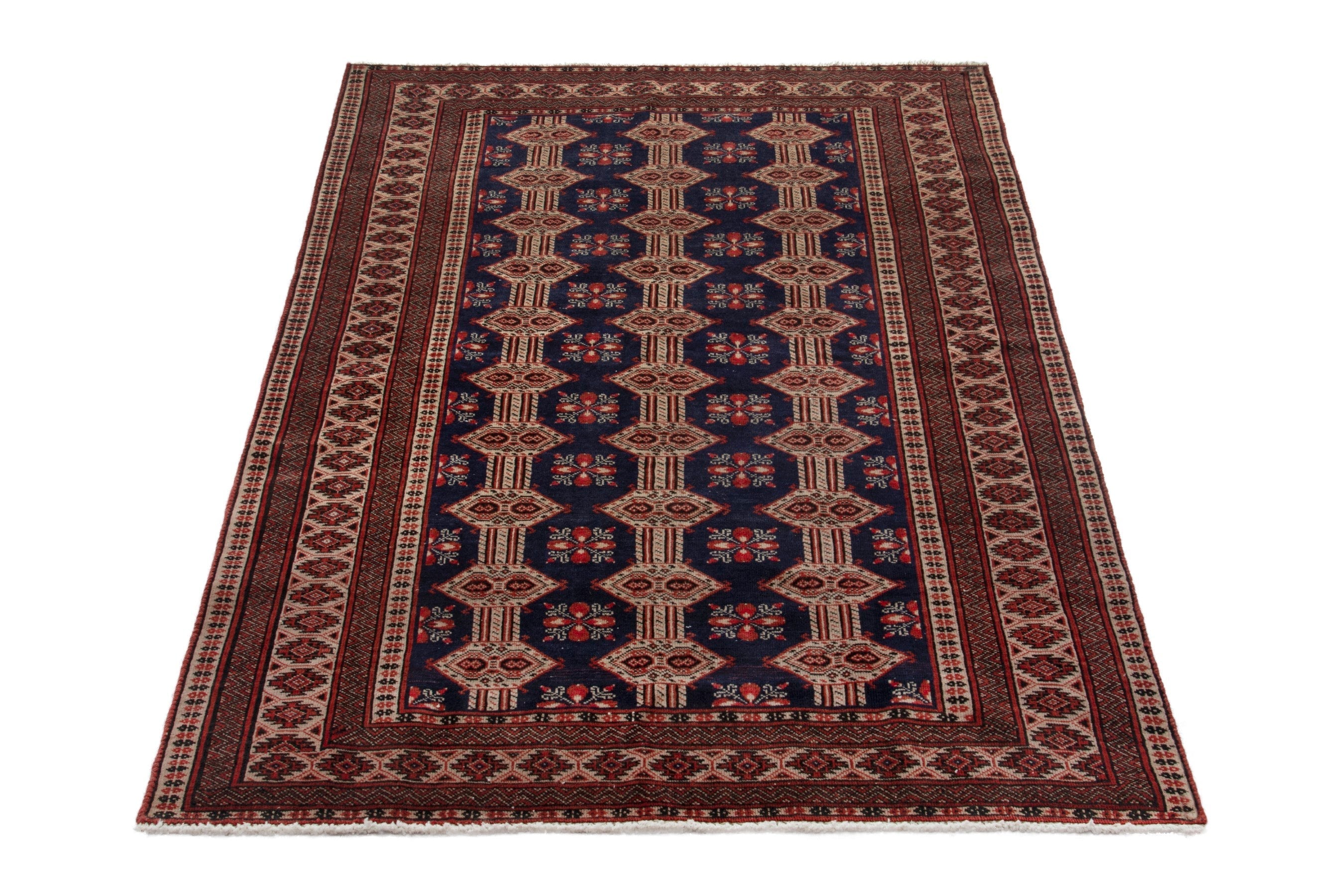 Persian Torkaman accent rug in navy and rust, view 3 of 19