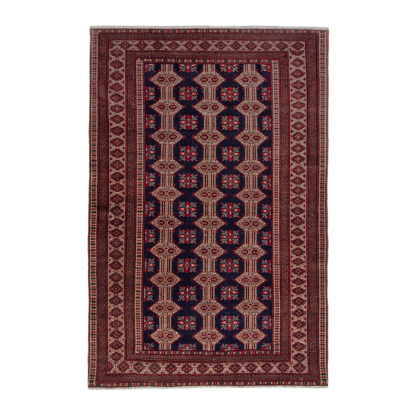 Persian Torkaman accent rug in navy and rust, 3'10" x 5'9"