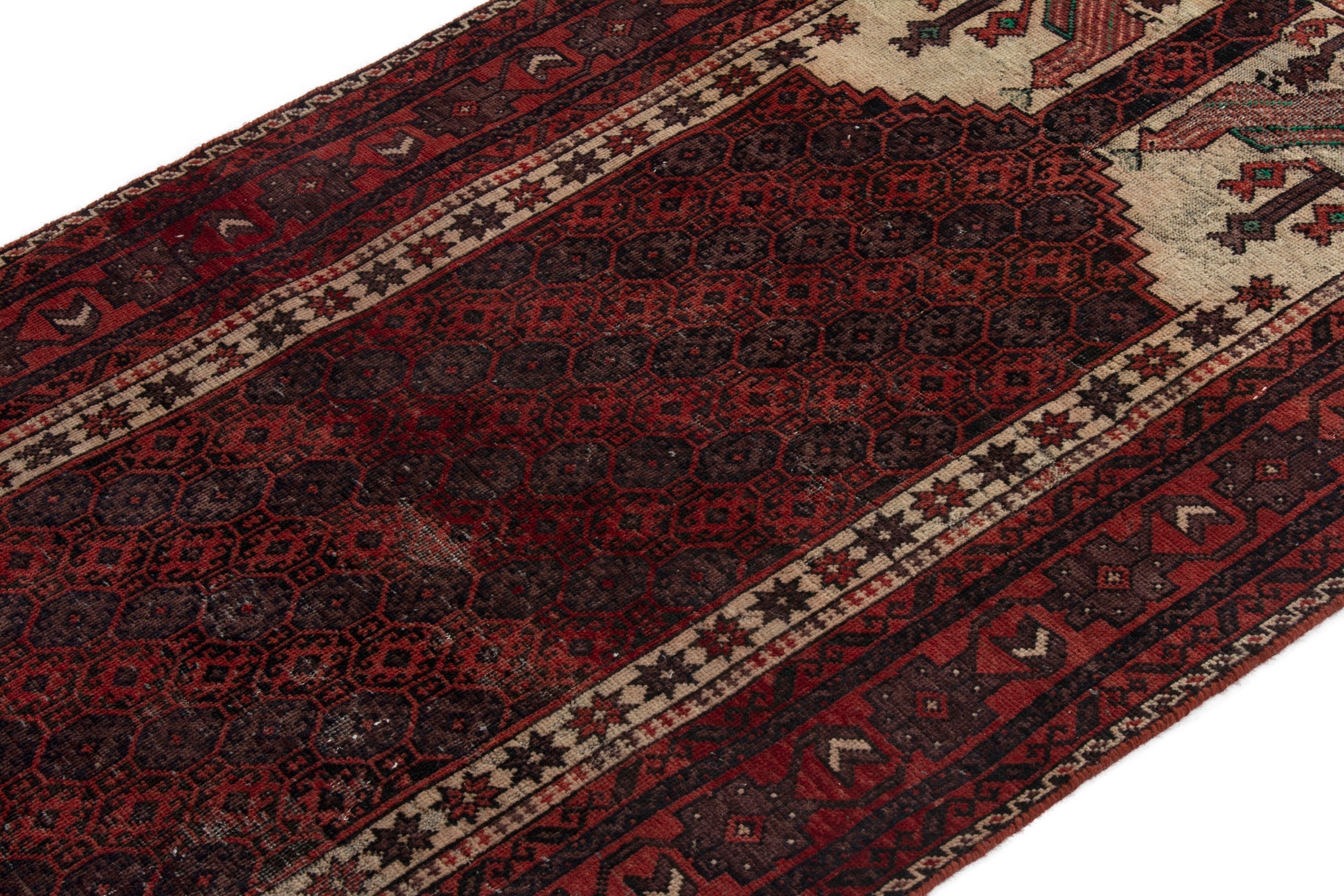 Persian Baluch runner rug in burgundy and deep red, view 5 of 18