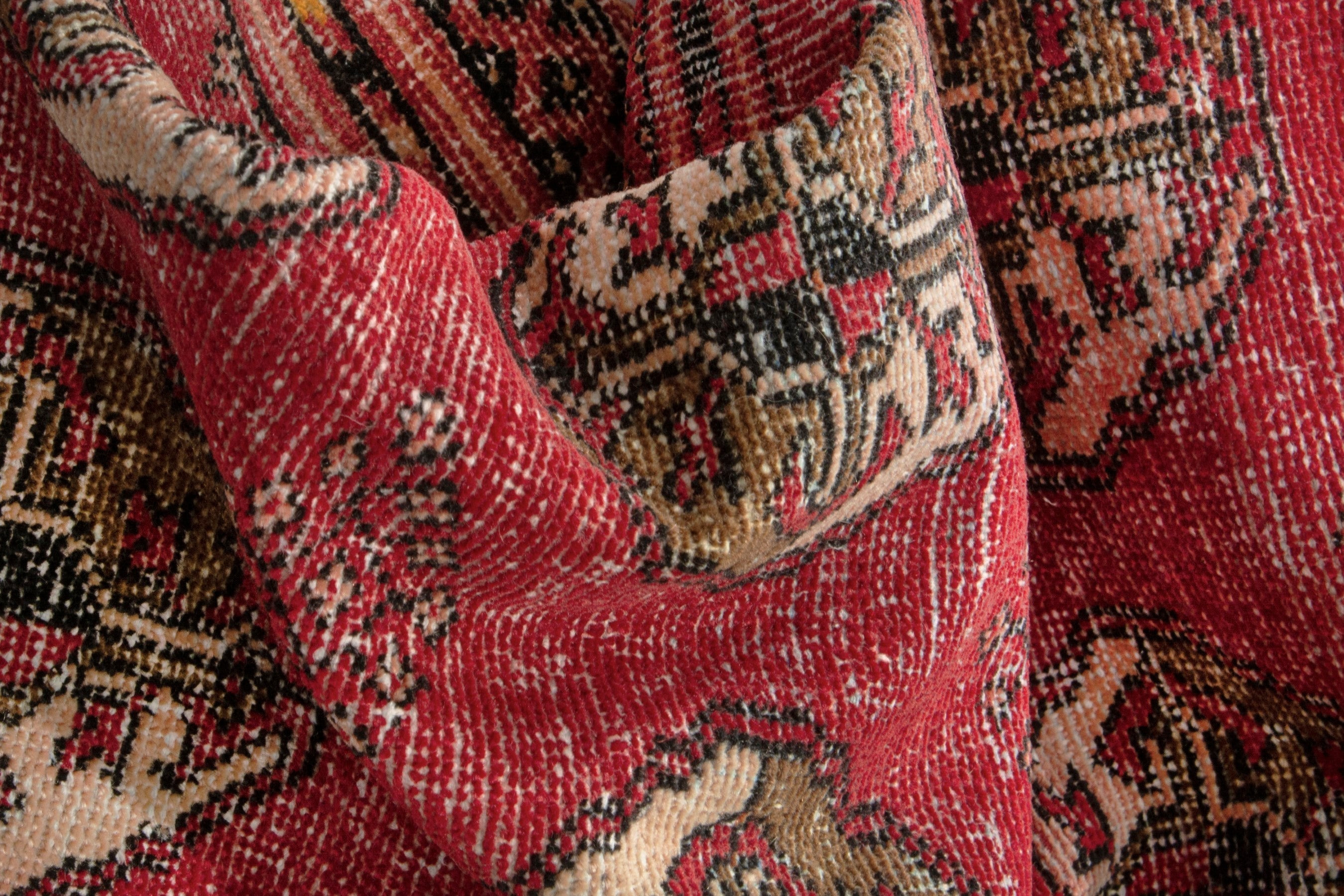 Persian Torkaman accent rug in deep red and antique gold, view 17 of 18