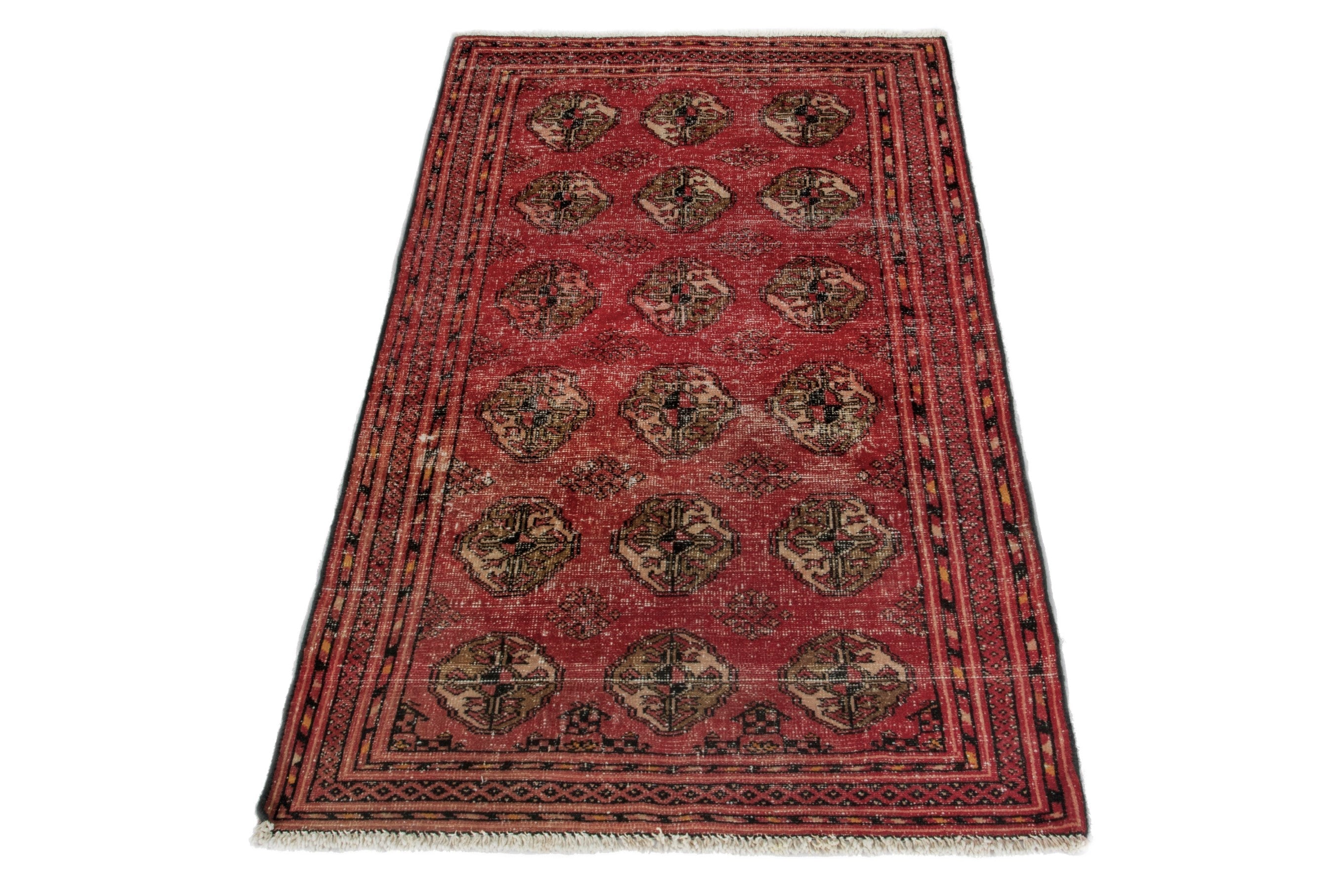 Persian Torkaman accent rug in deep red and antique gold, view 2 of 18