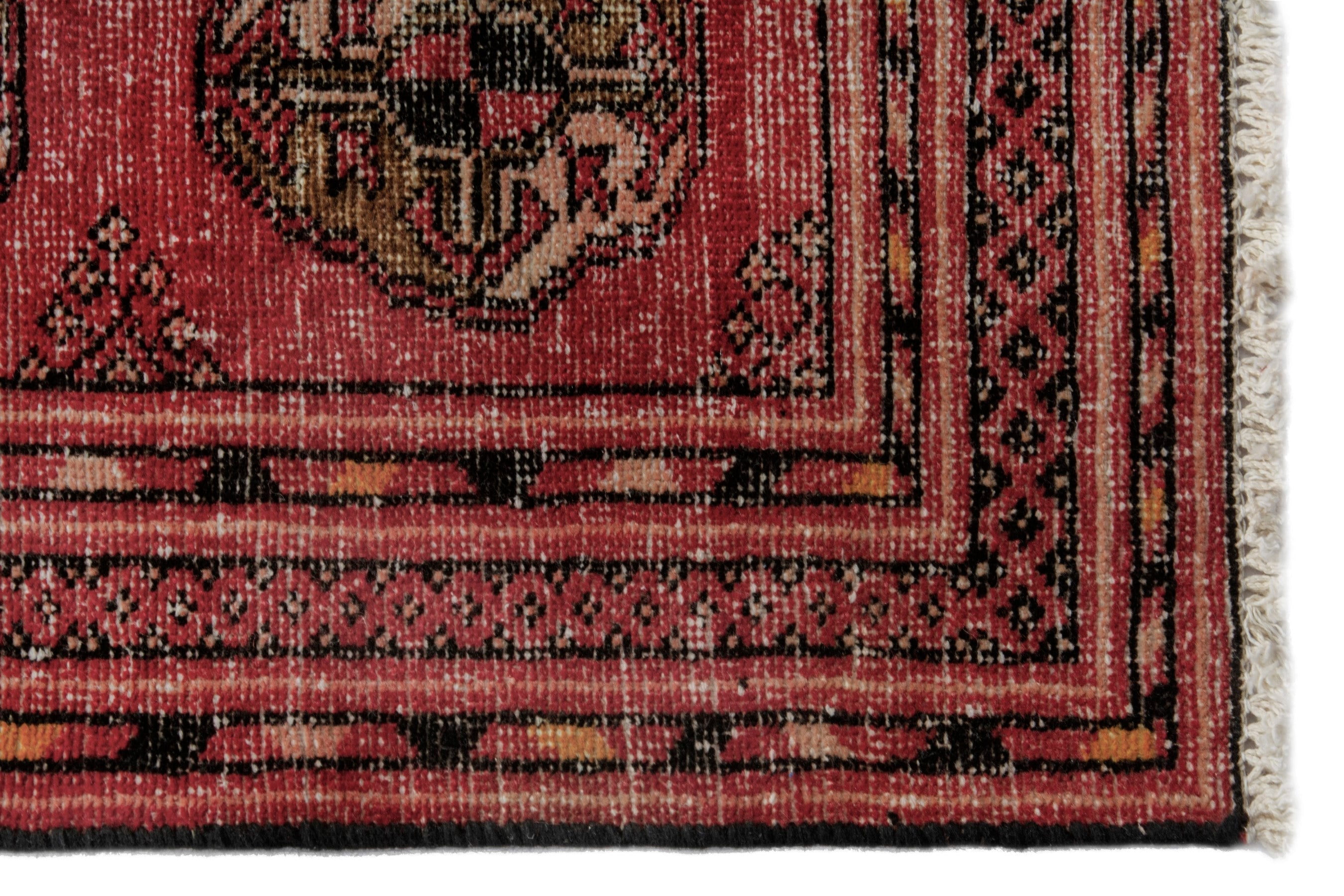 Persian Torkaman accent rug in deep red and antique gold, view 9 of 18