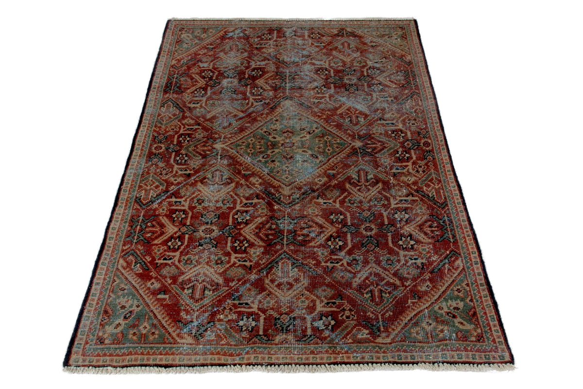 Turkish Anatolian accent rug in burgundy and navy, view 12 of 18