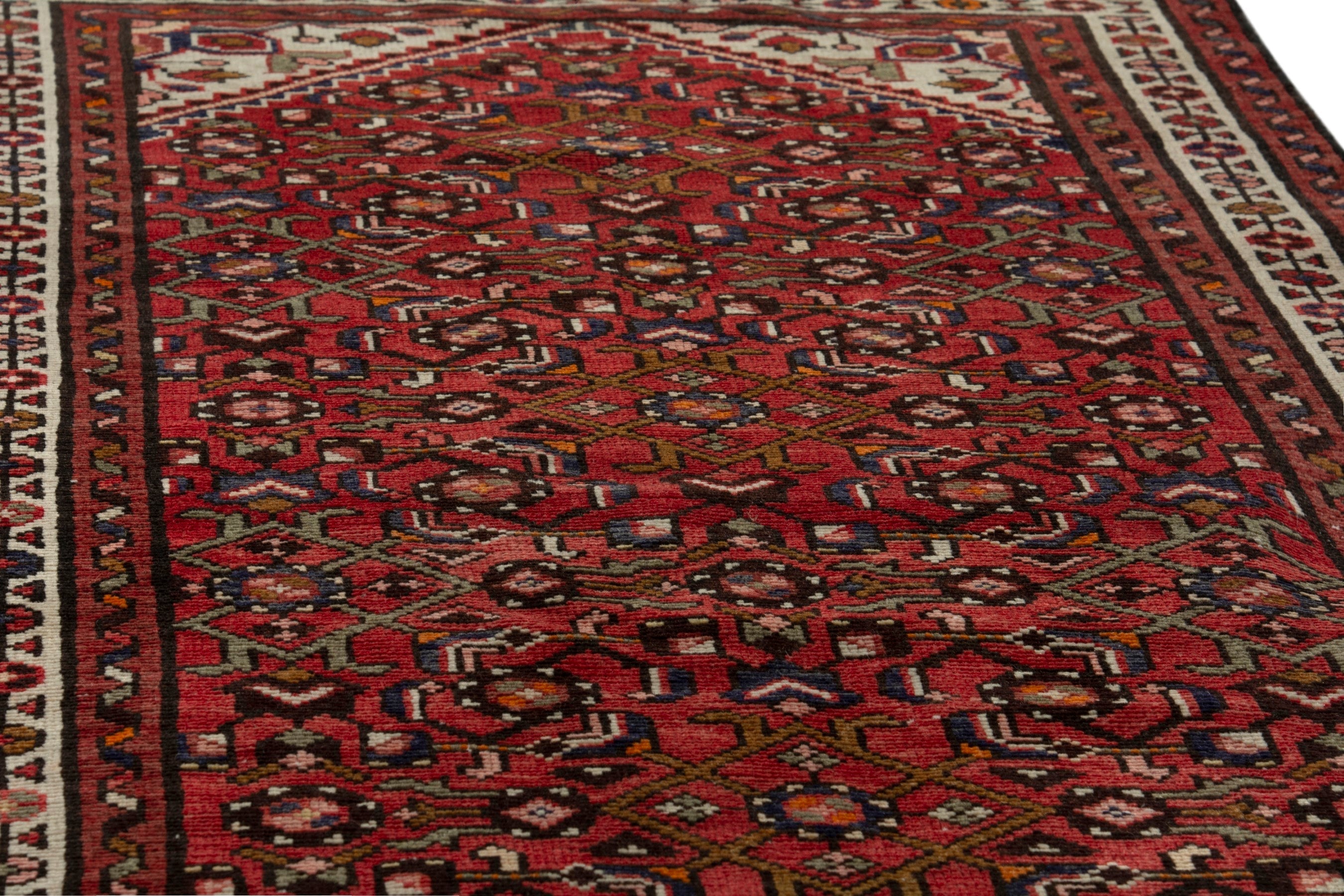 Persian Hamedan runner rug in deep red and ivory, view 10 of 18