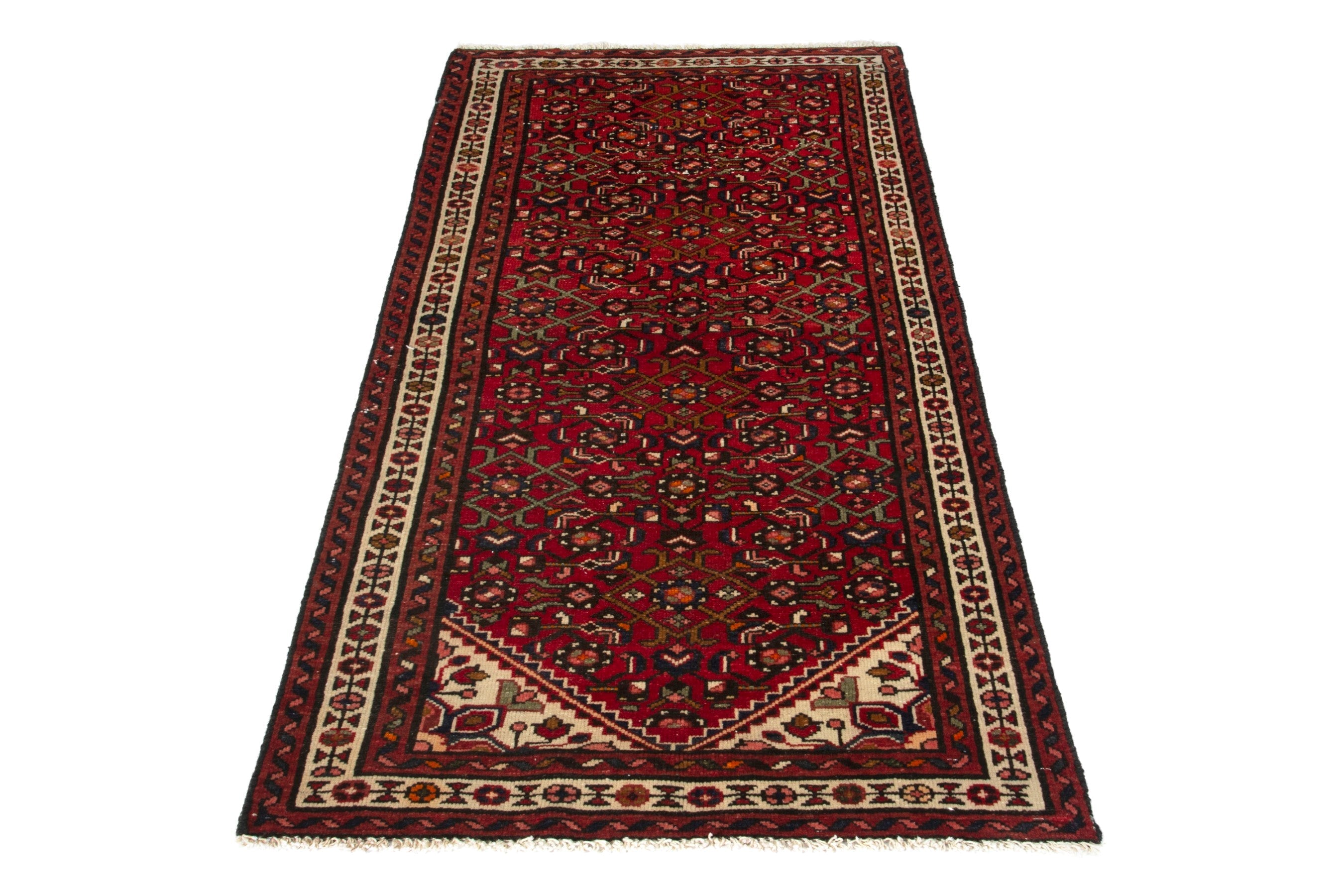 Persian Hamedan runner rug in deep red and ivory, view 2 of 18