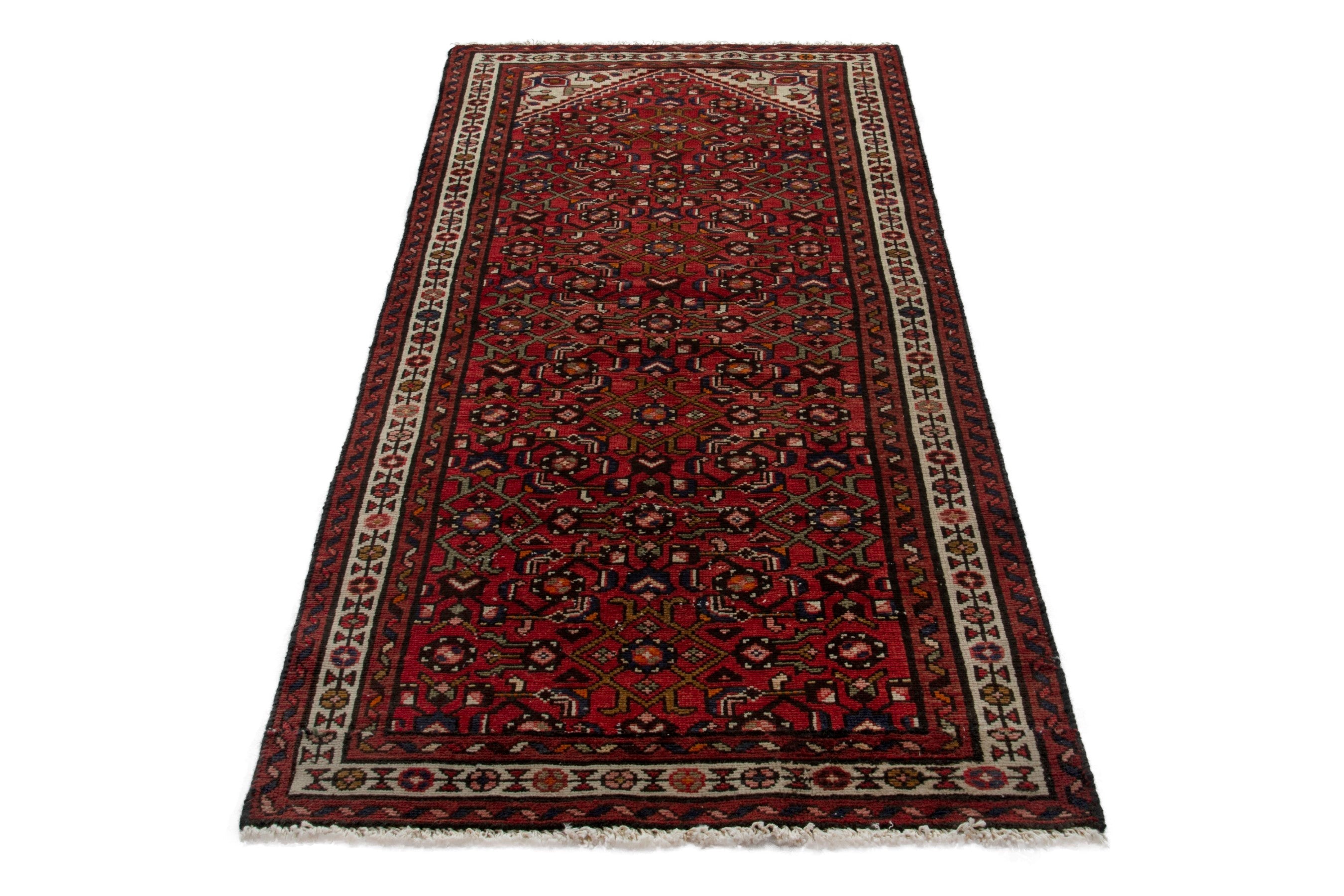 Persian Hamedan runner rug in deep red and ivory, view 3 of 18