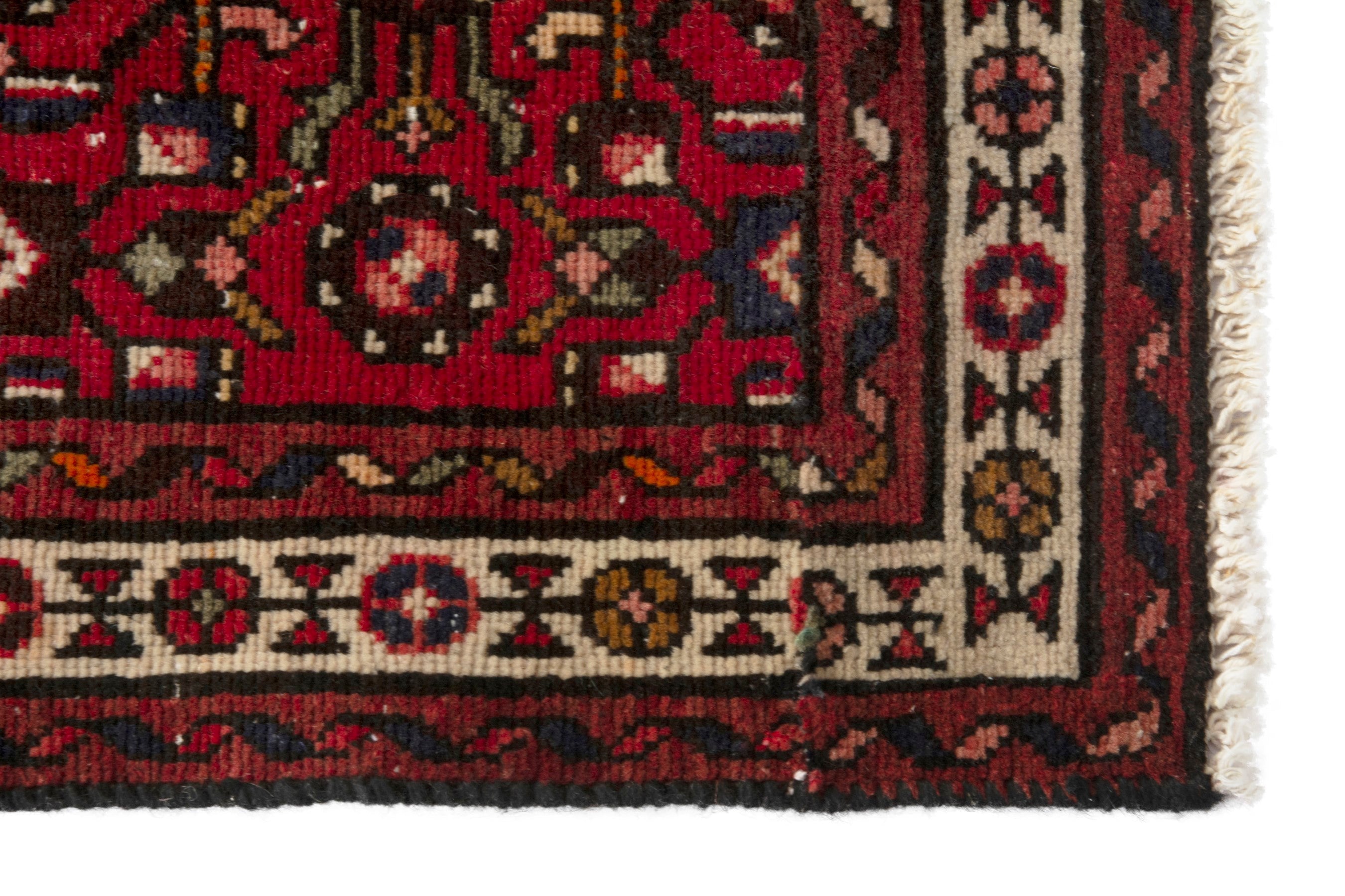 Persian Hamedan runner rug in deep red and ivory, view 9 of 18