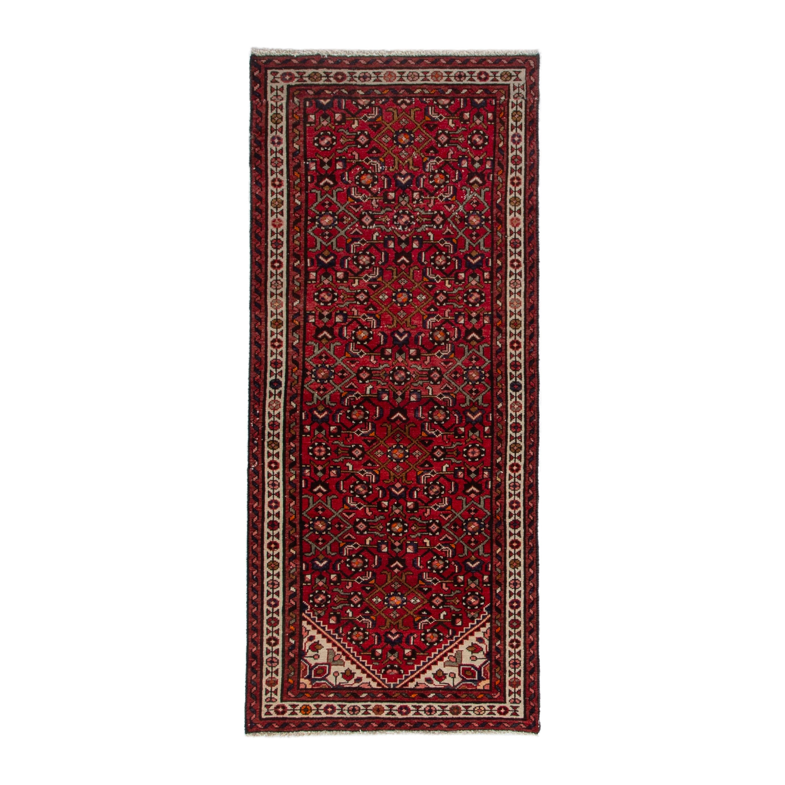 Persian Hamedan runner rug in deep red and ivory, 2'6" x 6'4"