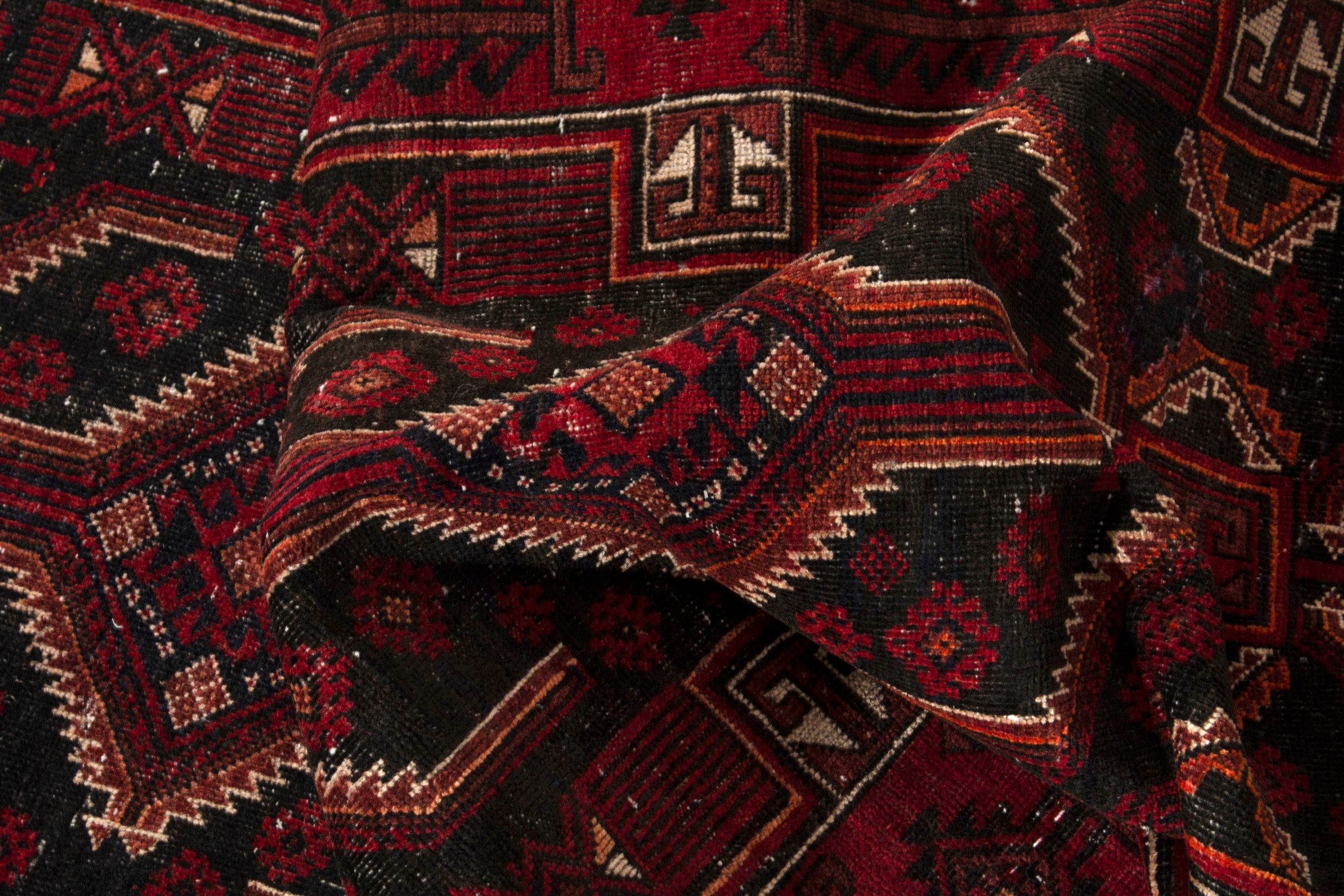 Persian Baluch runner rug in burgundy and deep red, view 16 of 19