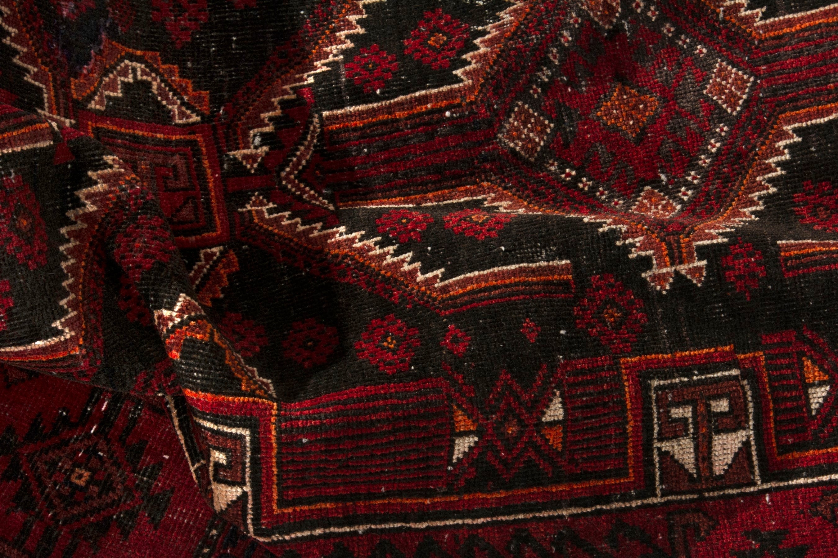 Persian Baluch runner rug in burgundy and deep red, view 17 of 19