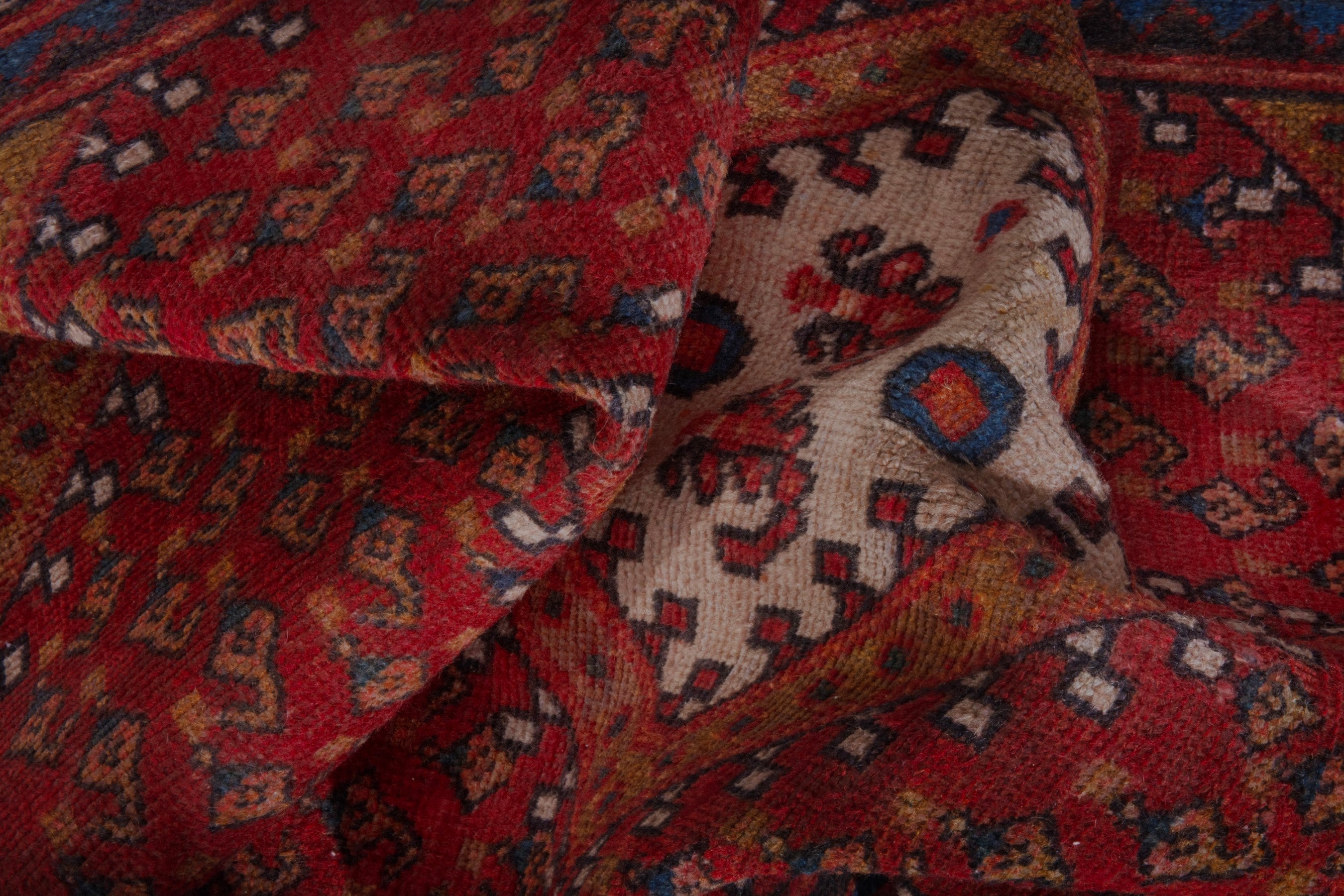 Persian Botteh accent rug in deep red and dark blue, view 16 of 21