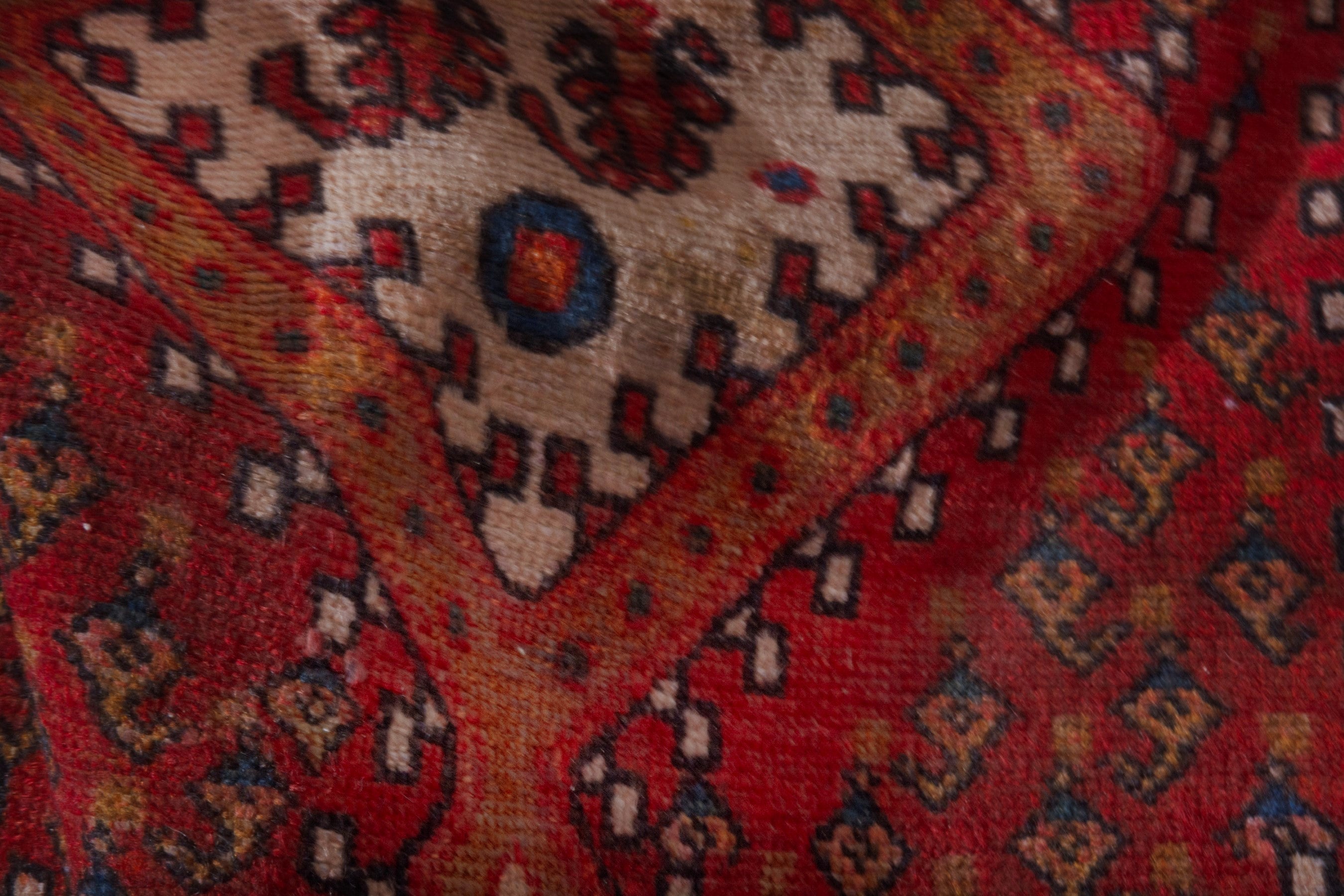 Persian Botteh accent rug in deep red and dark blue, view 19 of 21