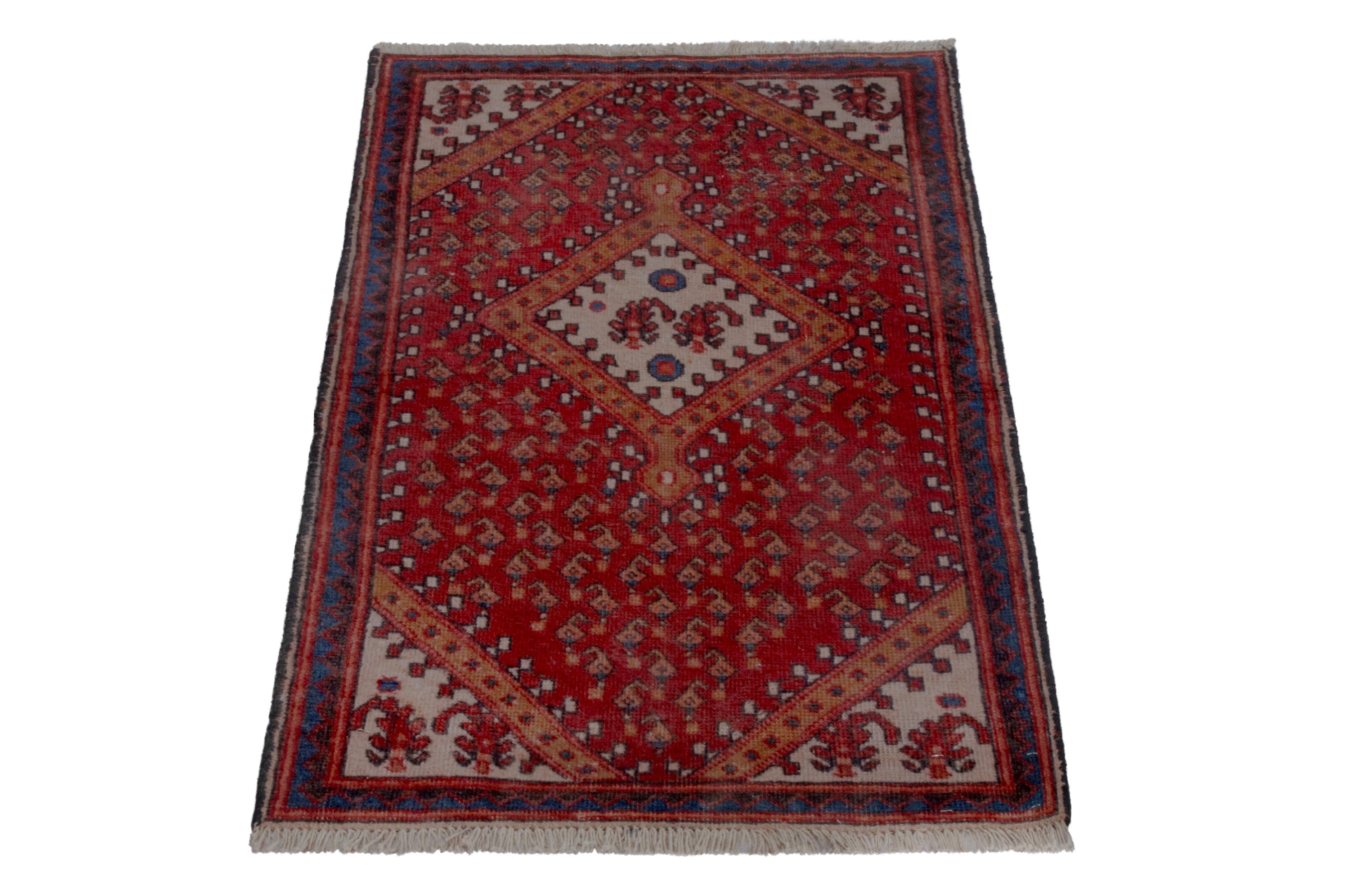Persian Botteh accent rug in deep red and dark blue, view 2 of 21