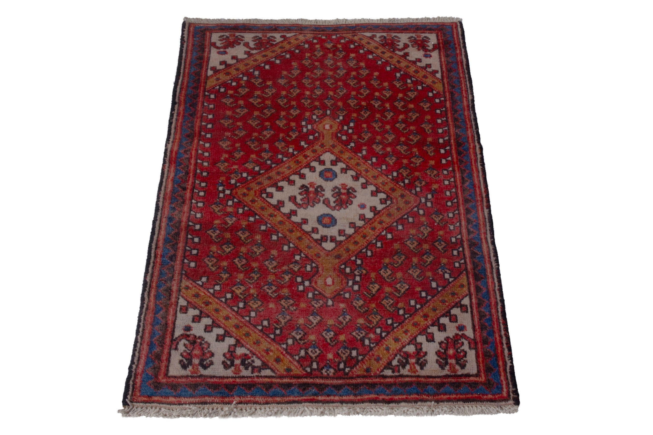 Persian Botteh accent rug in deep red and dark blue, view 3 of 21