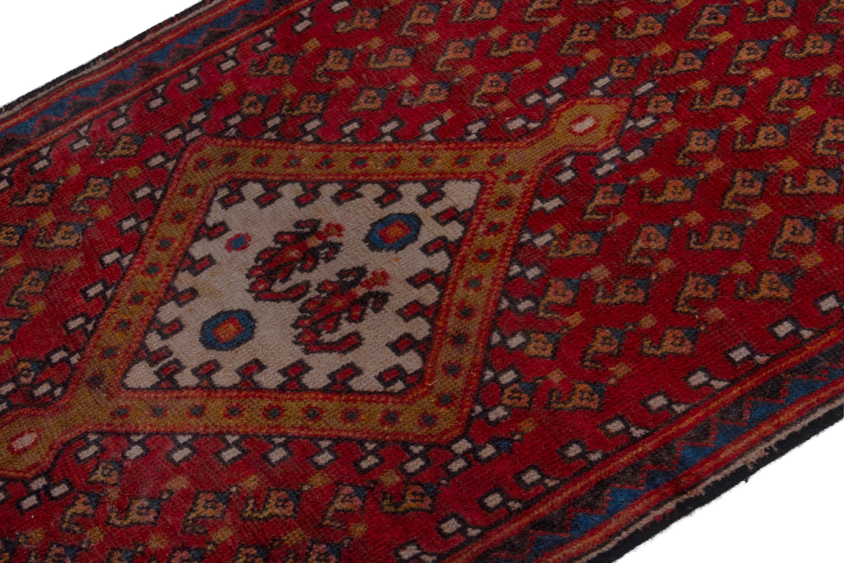 Persian Botteh accent rug in deep red and dark blue, view 4 of 21