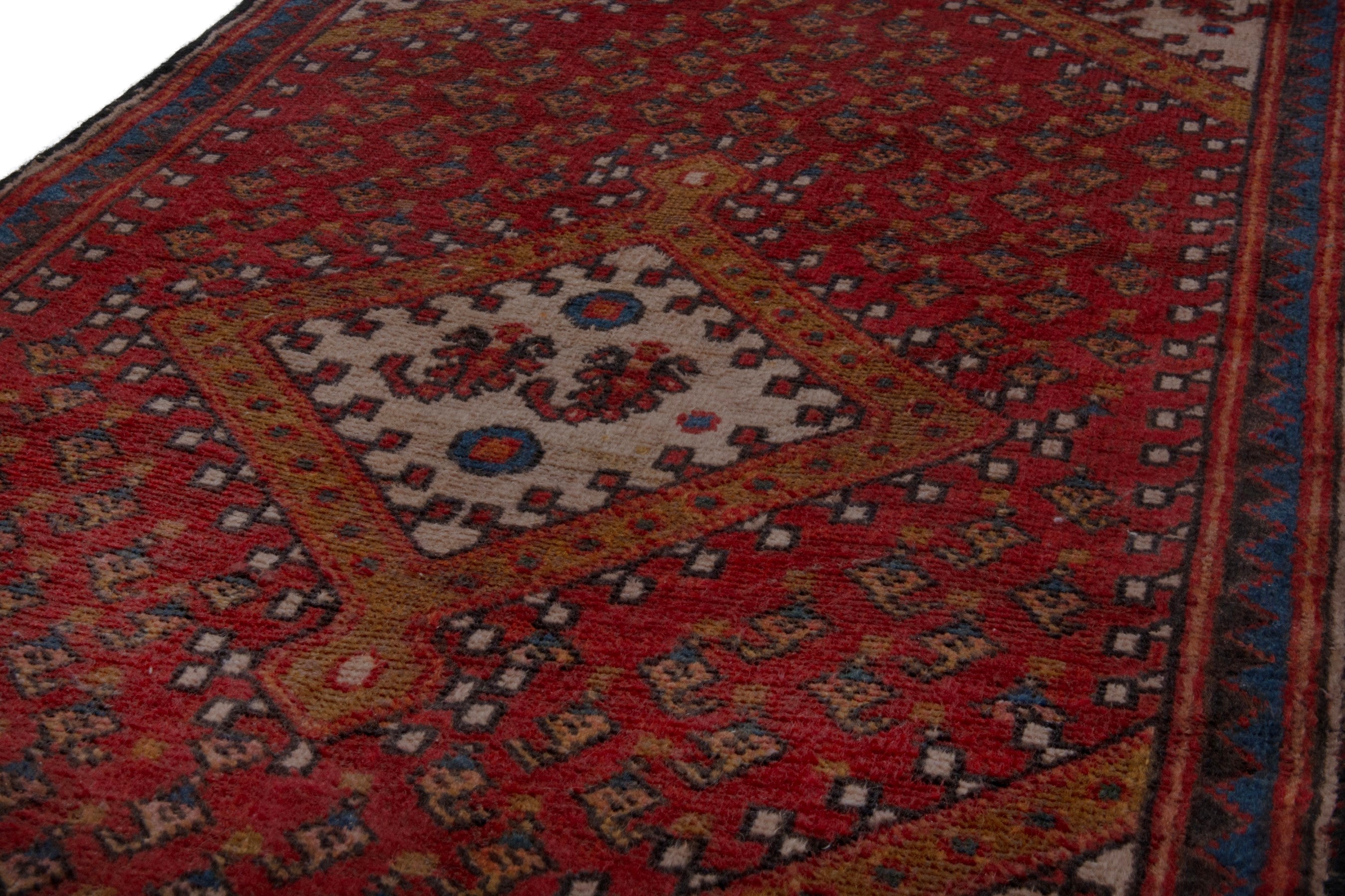 Persian Botteh accent rug in deep red and dark blue, view 9 of 21