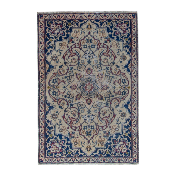 Persian Nain accent rug in cream and navy, 2'10" x 4'3"
