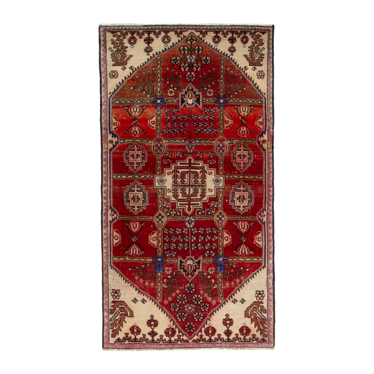 Persian Zanjan runner rug in deep red and cream, 3'3" x 6'7"