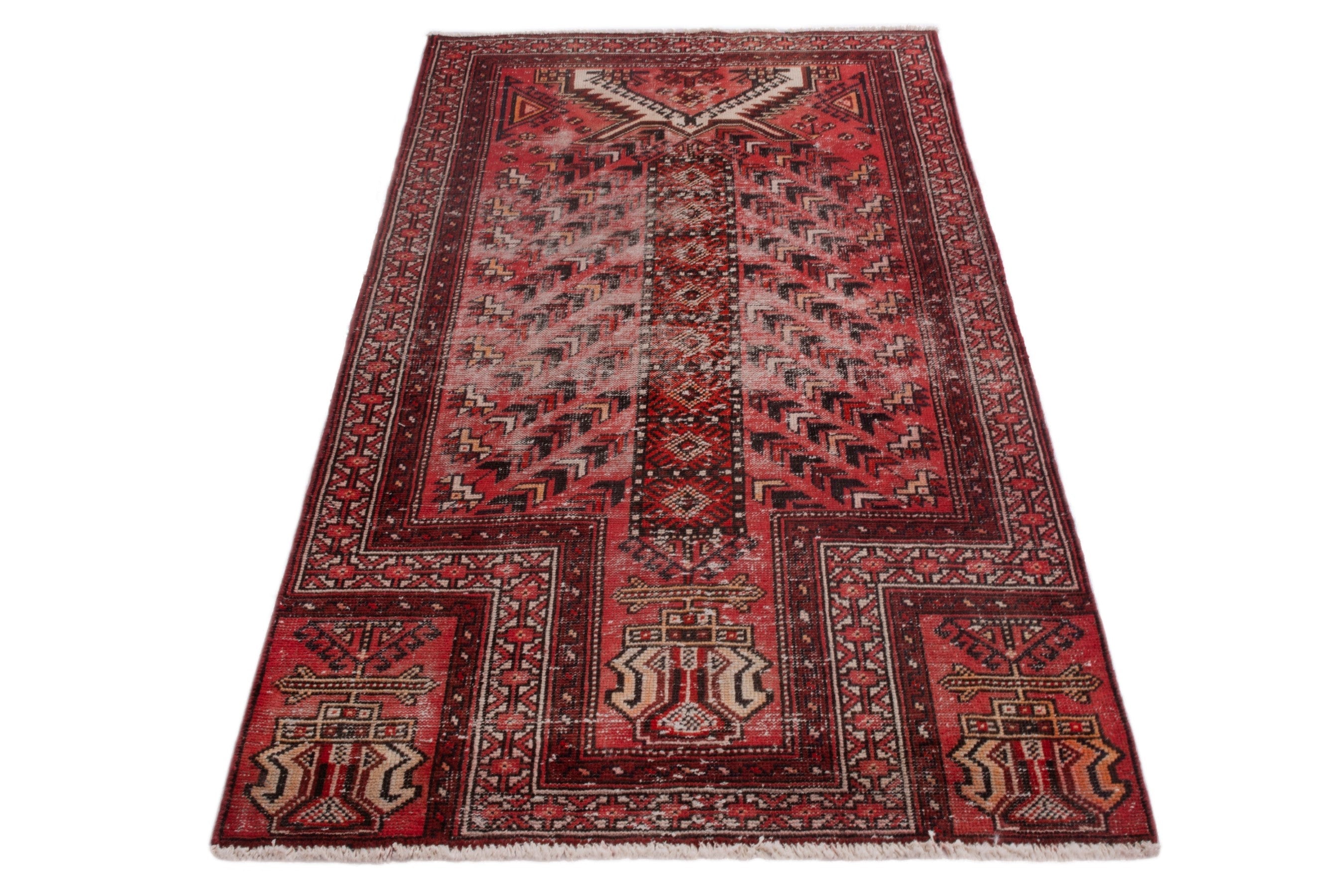 Persian Baluch area rug in faded red and deep red, view 2 of 19