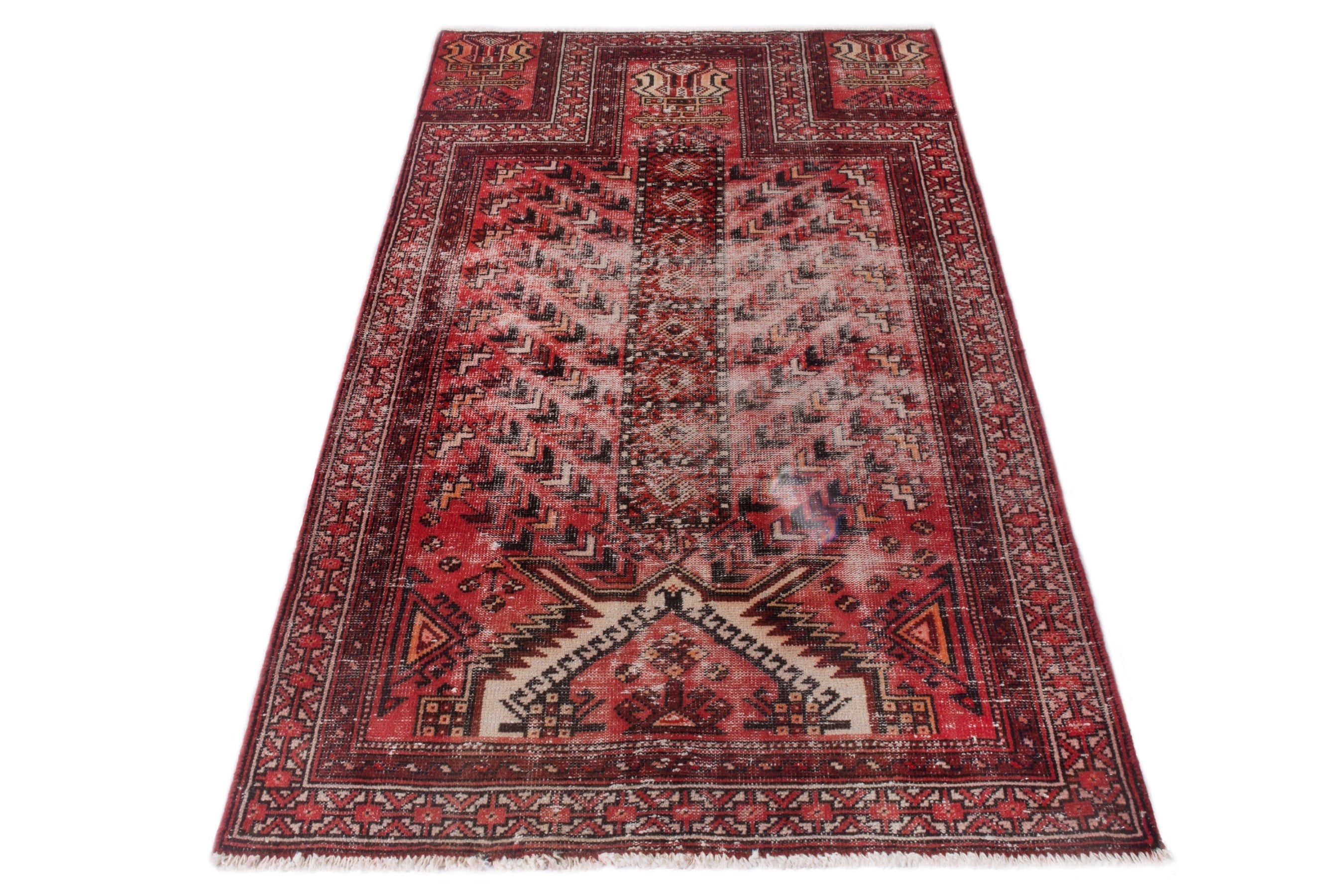 Persian Baluch area rug in faded red and deep red, view 3 of 19