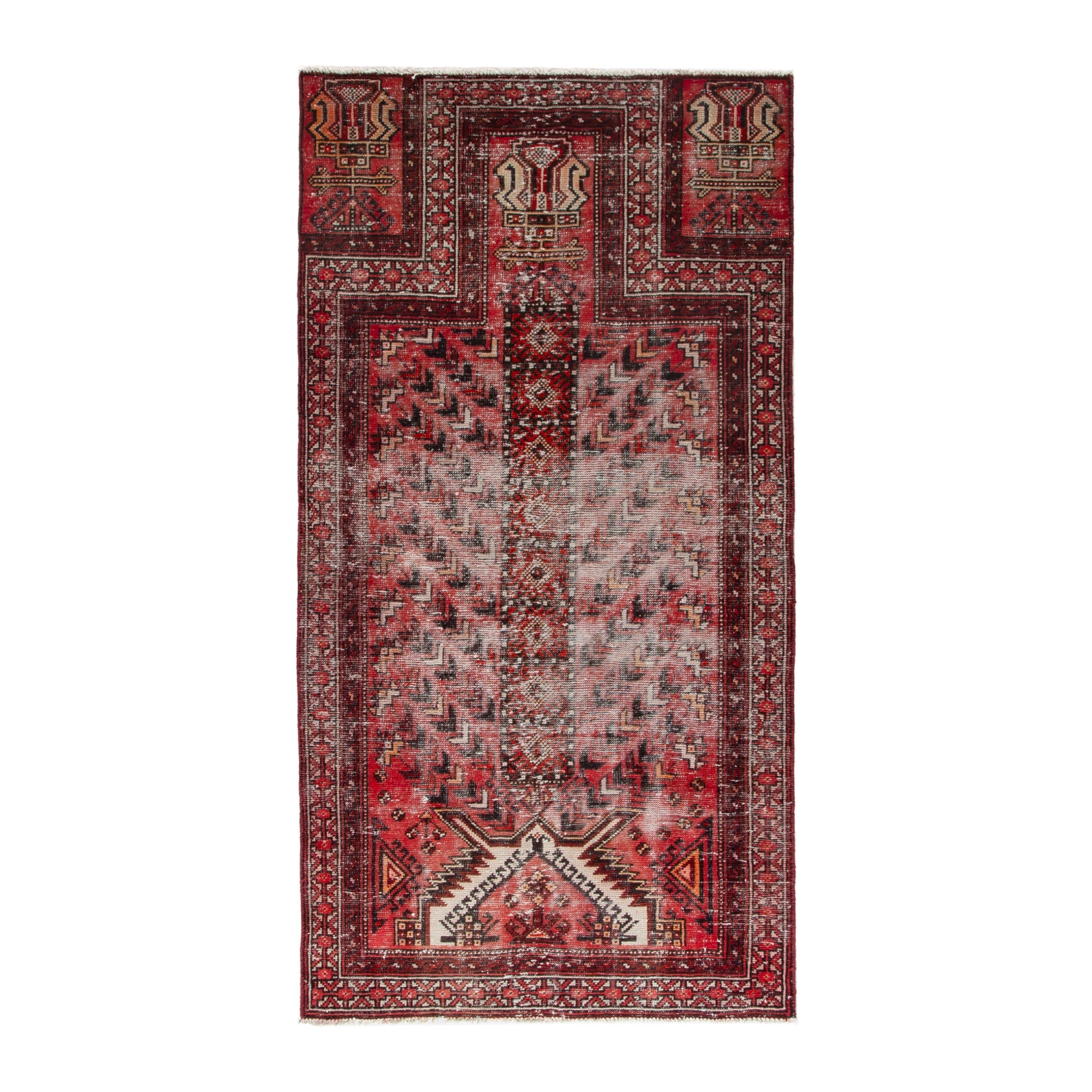 Persian Baluch area rug in faded red and deep red, 3'7" x 6'10"