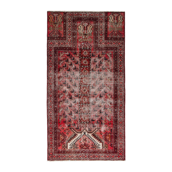 Persian Baluch area rug in faded red and deep red, 3'7" x 6'10"