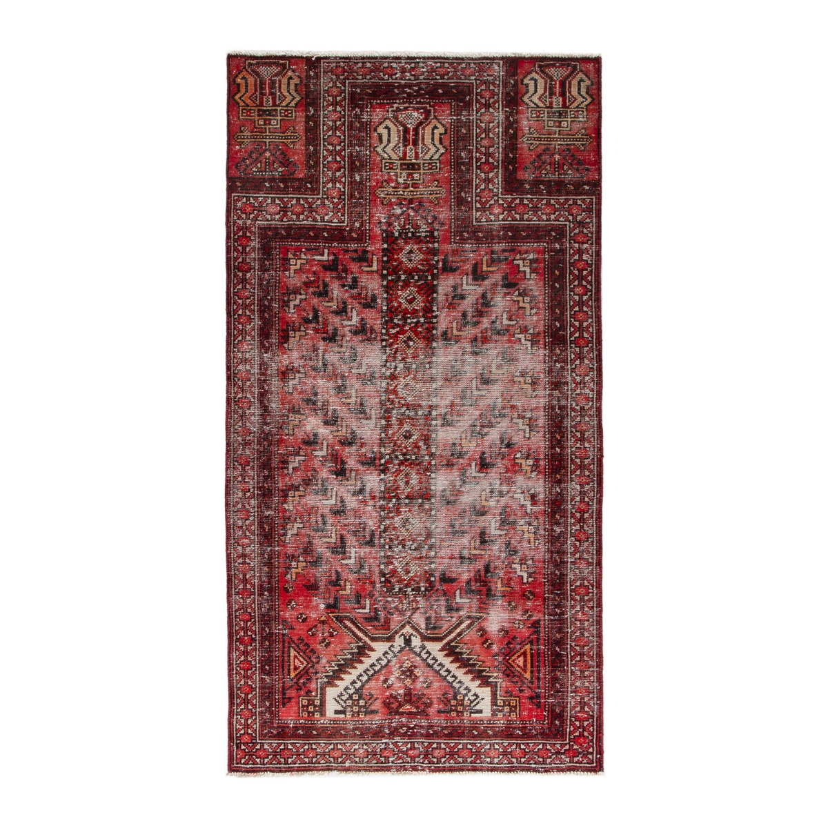 Persian Baluch area rug in faded red and deep red, 3'7" x 6'10"