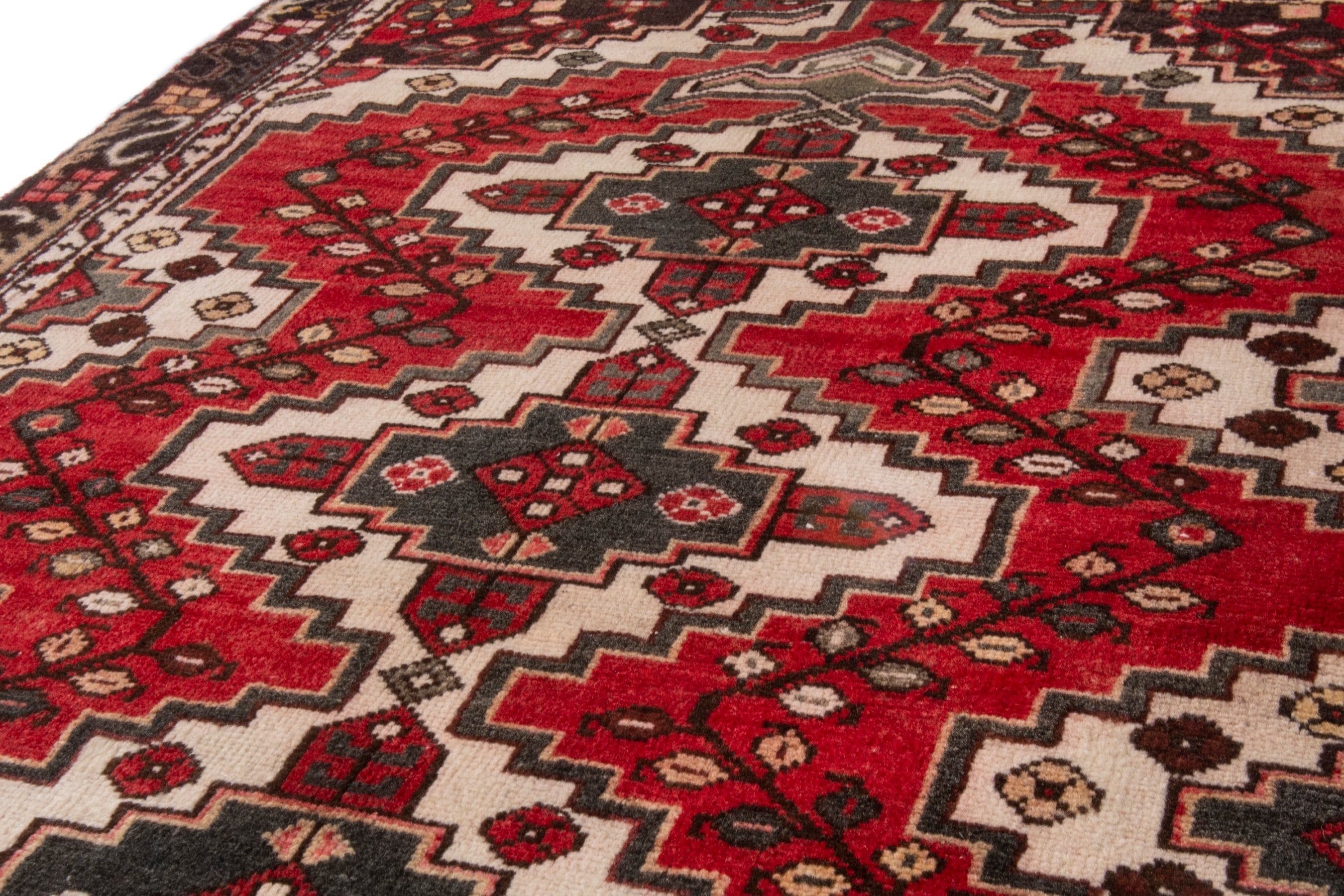 Persian Bakhtiari accent rug in deep red and cream, view 7 of 19