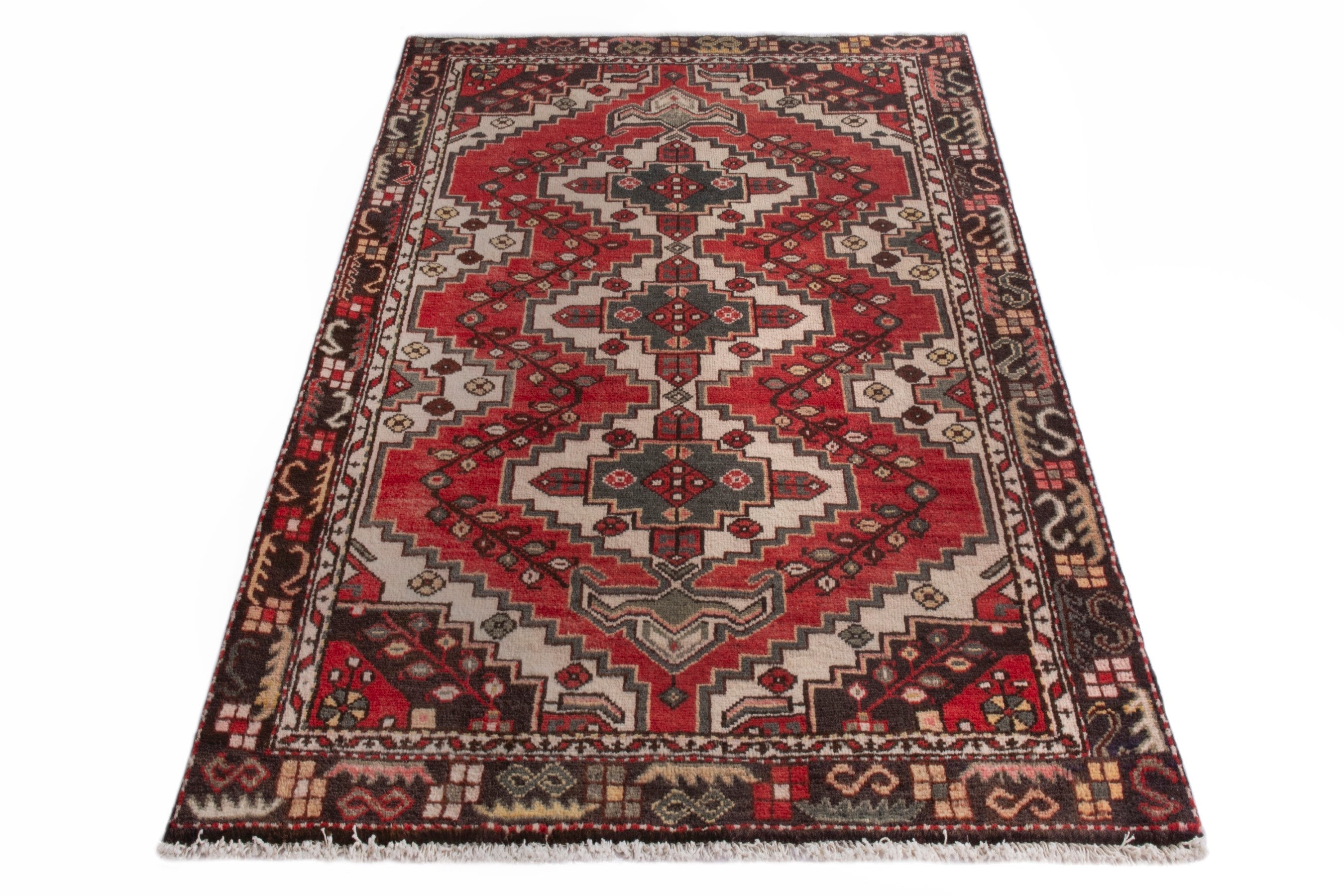 Persian Bakhtiari accent rug in deep red and cream, view 2 of 19