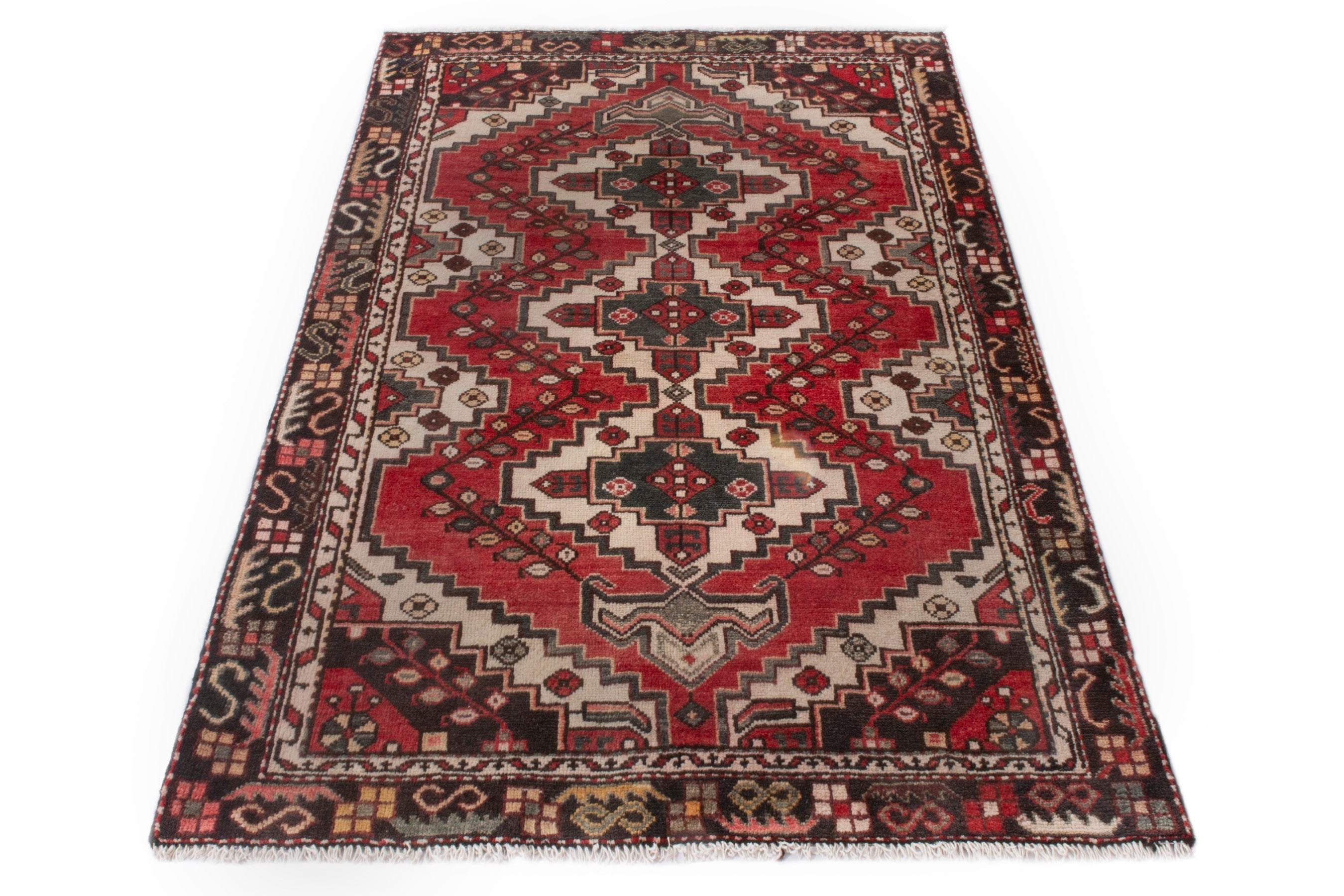 Persian Bakhtiari accent rug in deep red and cream, view 3 of 19