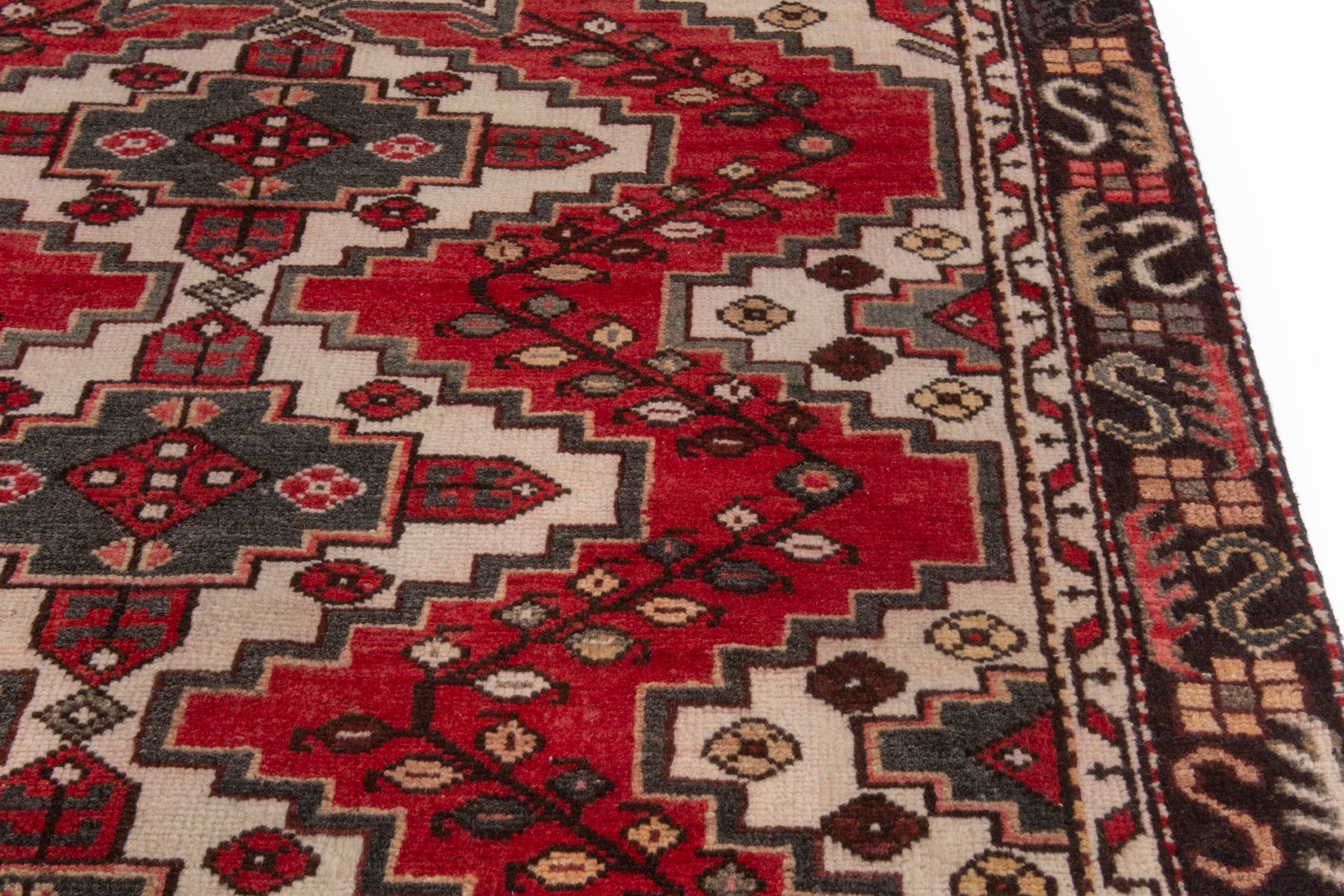 Persian Bakhtiari accent rug in deep red and cream, view 9 of 19