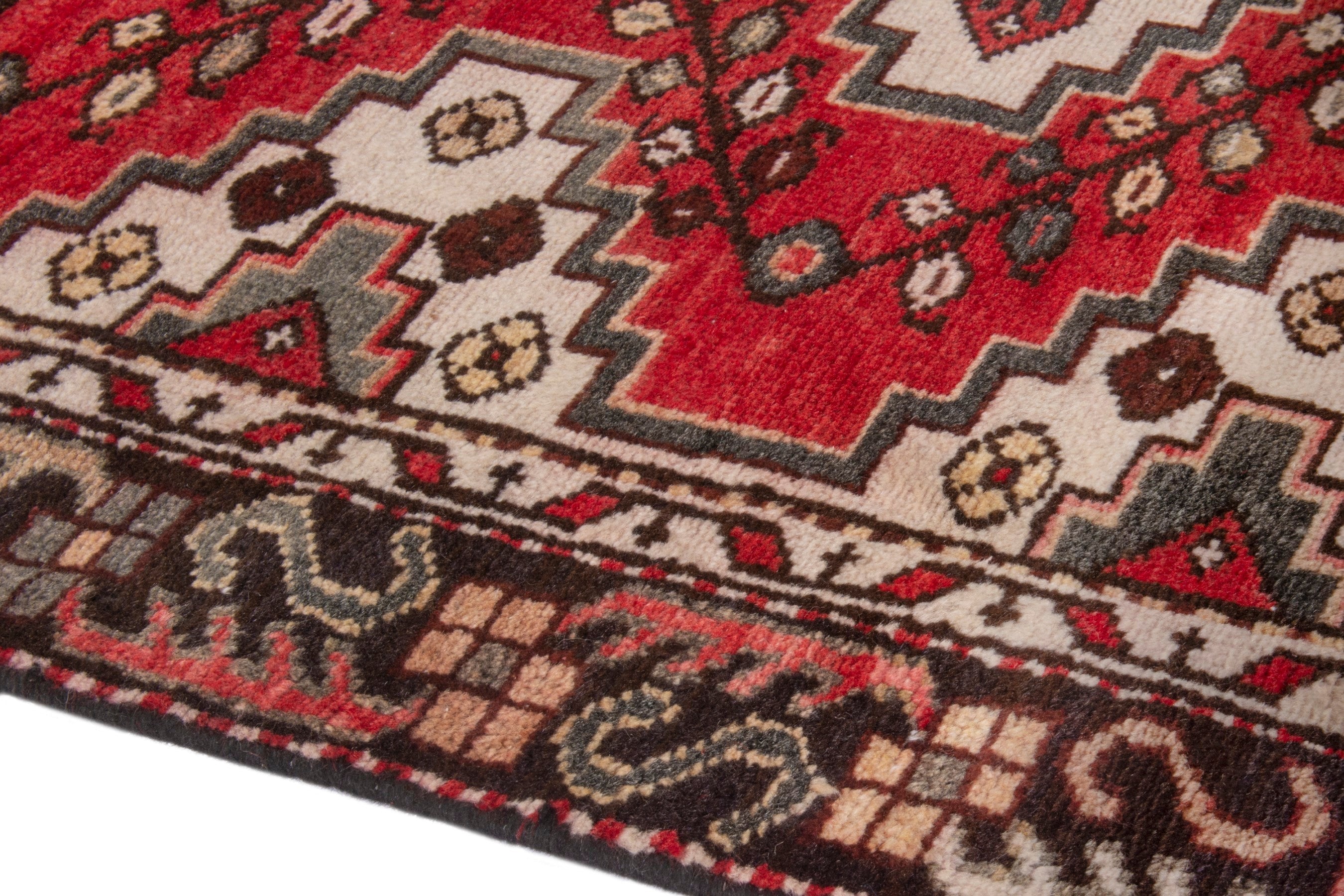 Persian Bakhtiari accent rug in deep red and cream, view 5 of 19