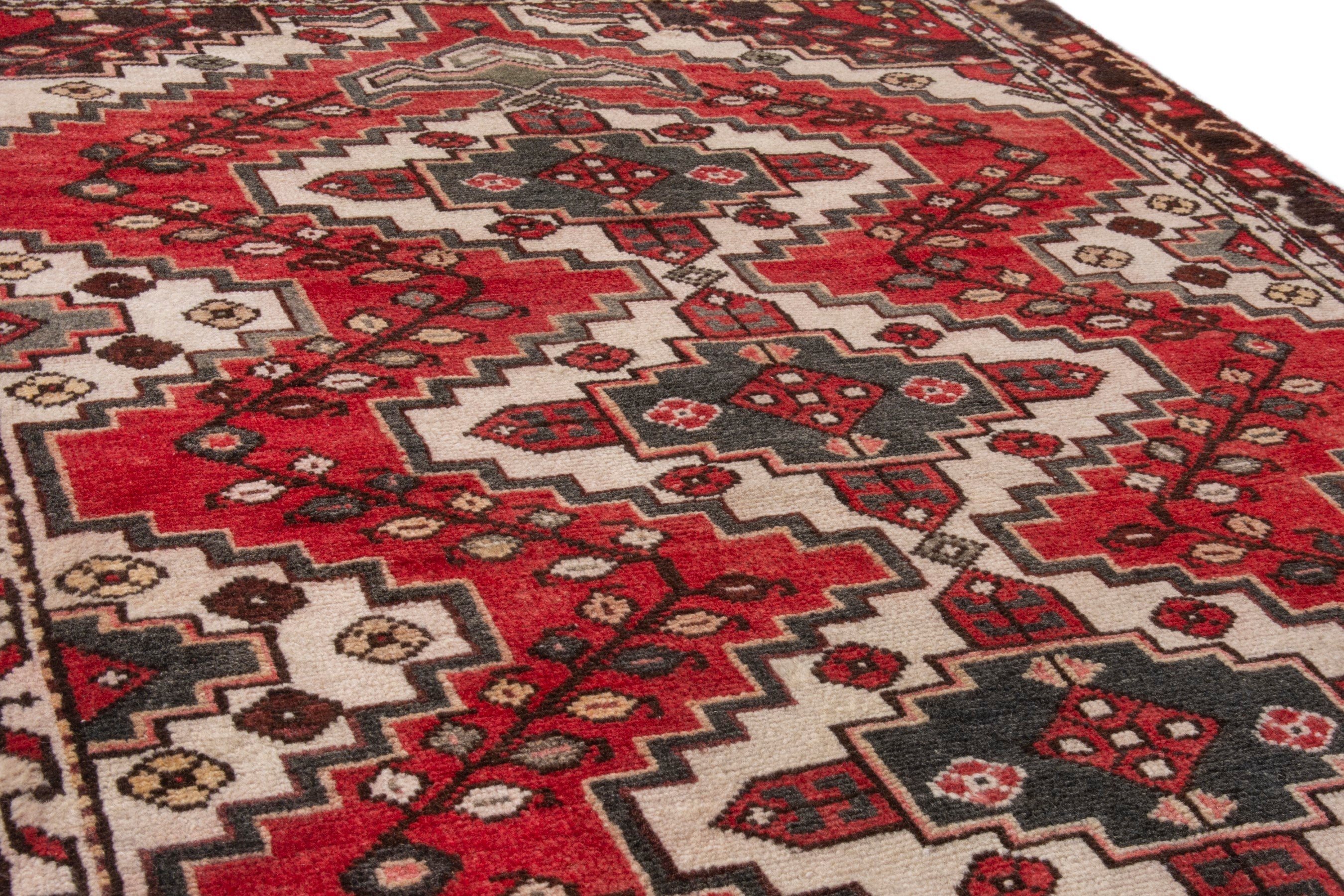 Persian Bakhtiari accent rug in deep red and cream, view 6 of 19
