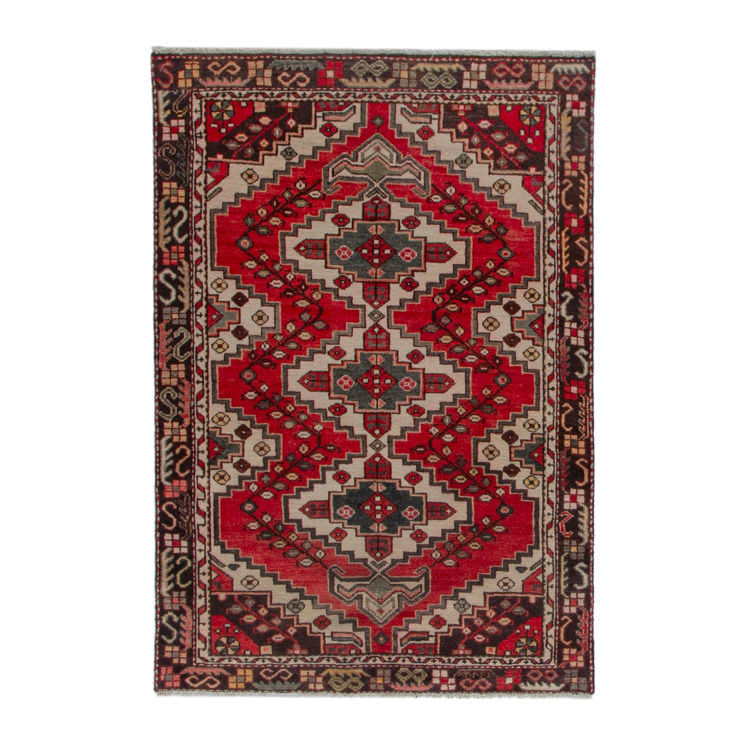 Persian Bakhtiari accent rug in deep red and cream, 4'1" x 6'2"