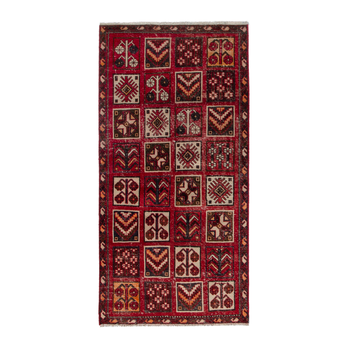 Persian Bakhtiari runner rug in deep red and burgundy, 3'4" x 6'11"