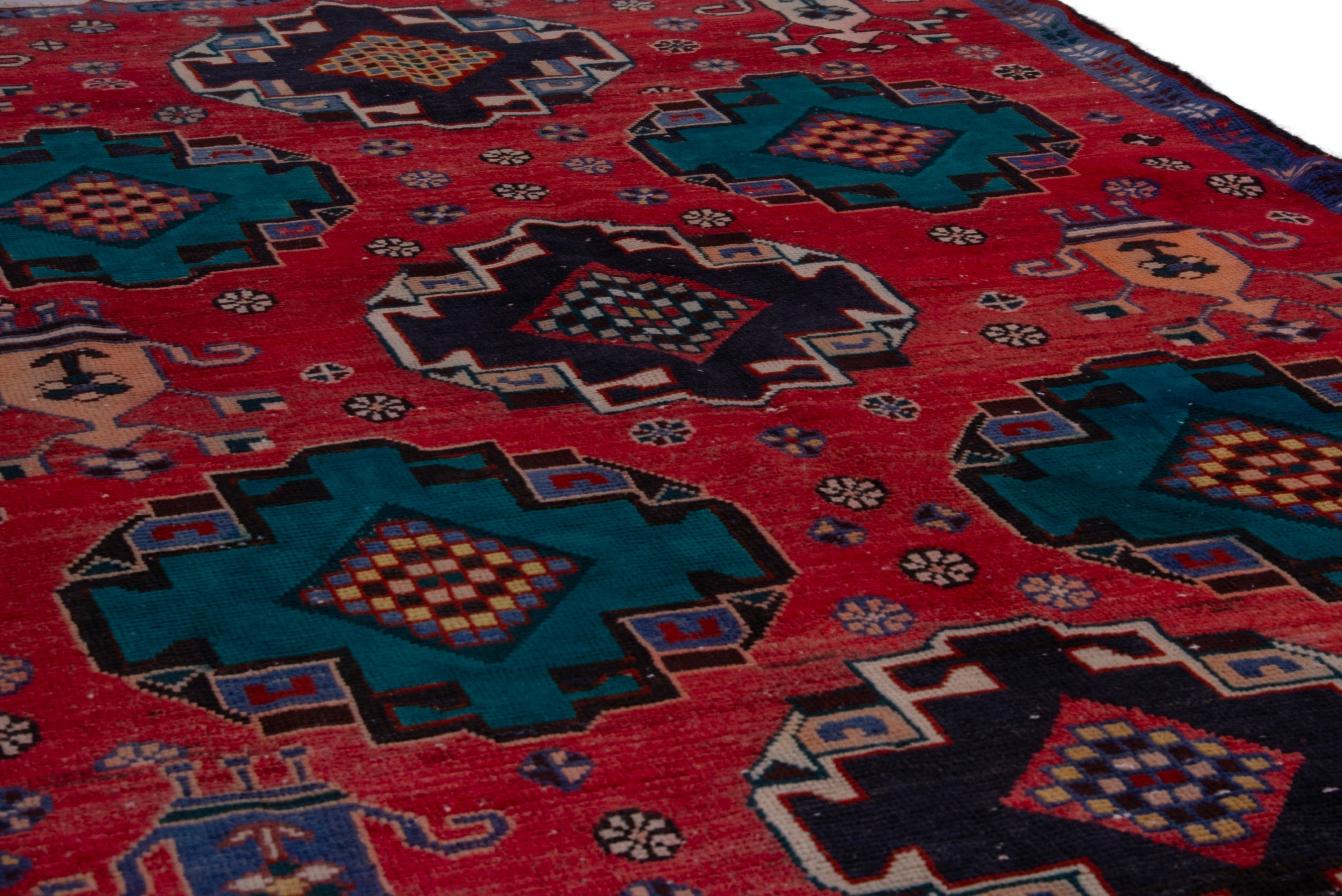 Persian Shiraz runner rug in deep red and teal, view 7 of 17