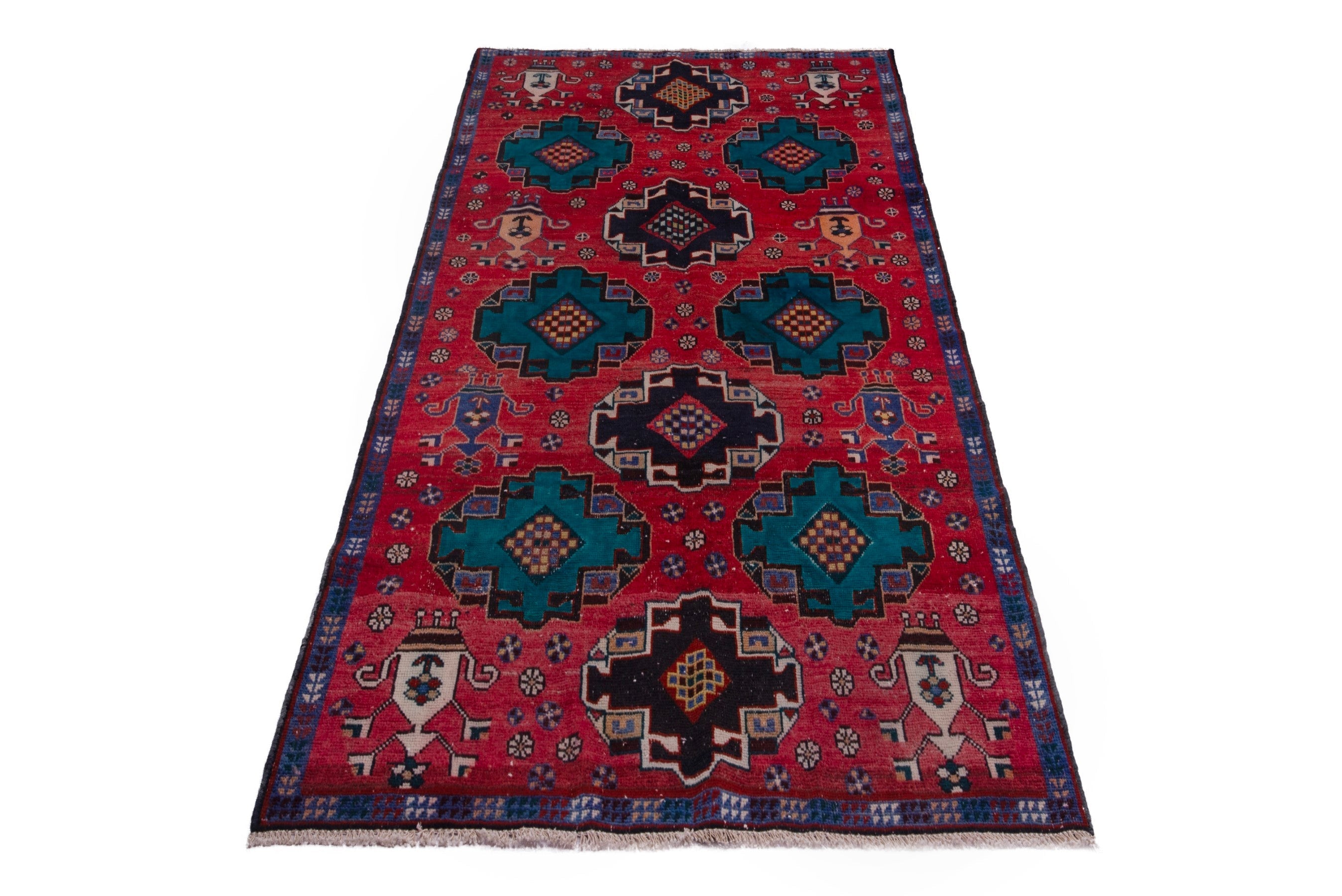 Persian Shiraz runner rug in deep red and teal, view 2 of 17