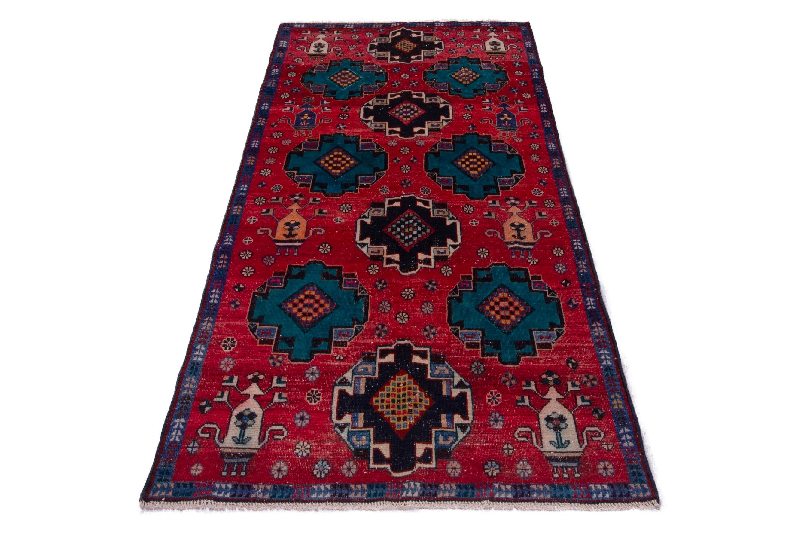 Persian Shiraz runner rug in deep red and teal, view 3 of 17